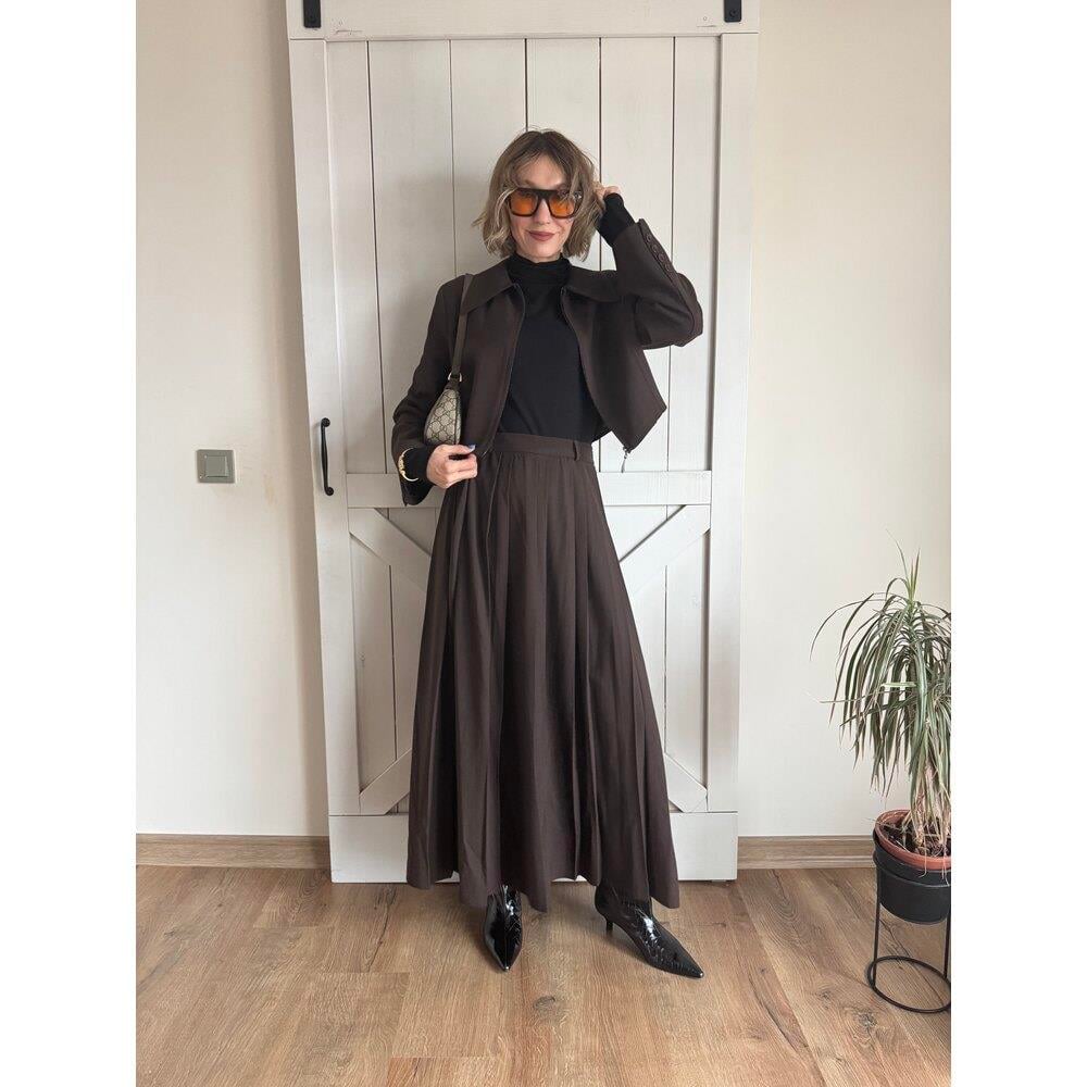 Acı Kahve Uzun Etekli Ceket Kadın İkili Takım 