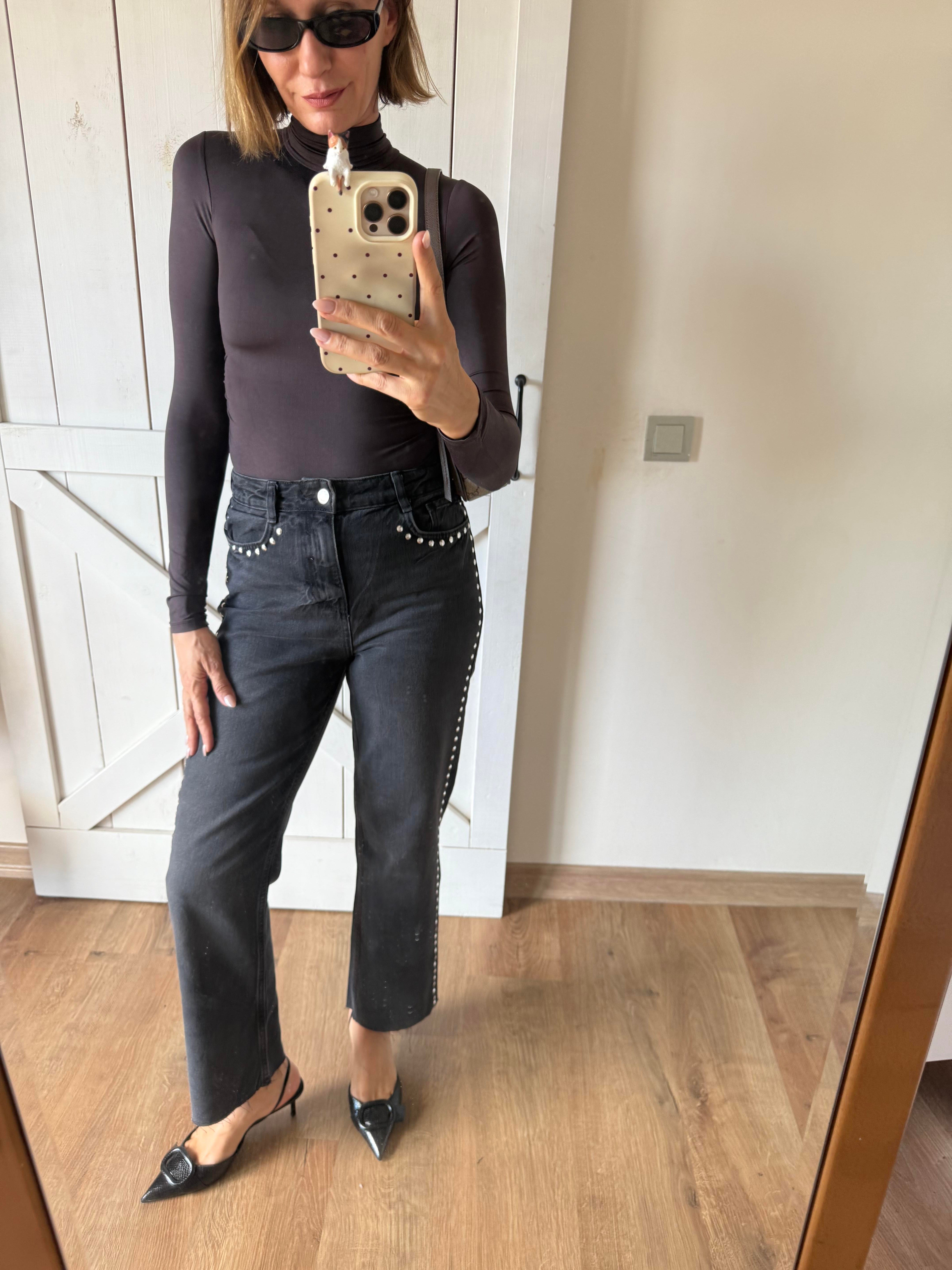 Antrasit Zımba Detaylı Yüksek Bel Palazzo Denim Pantolon