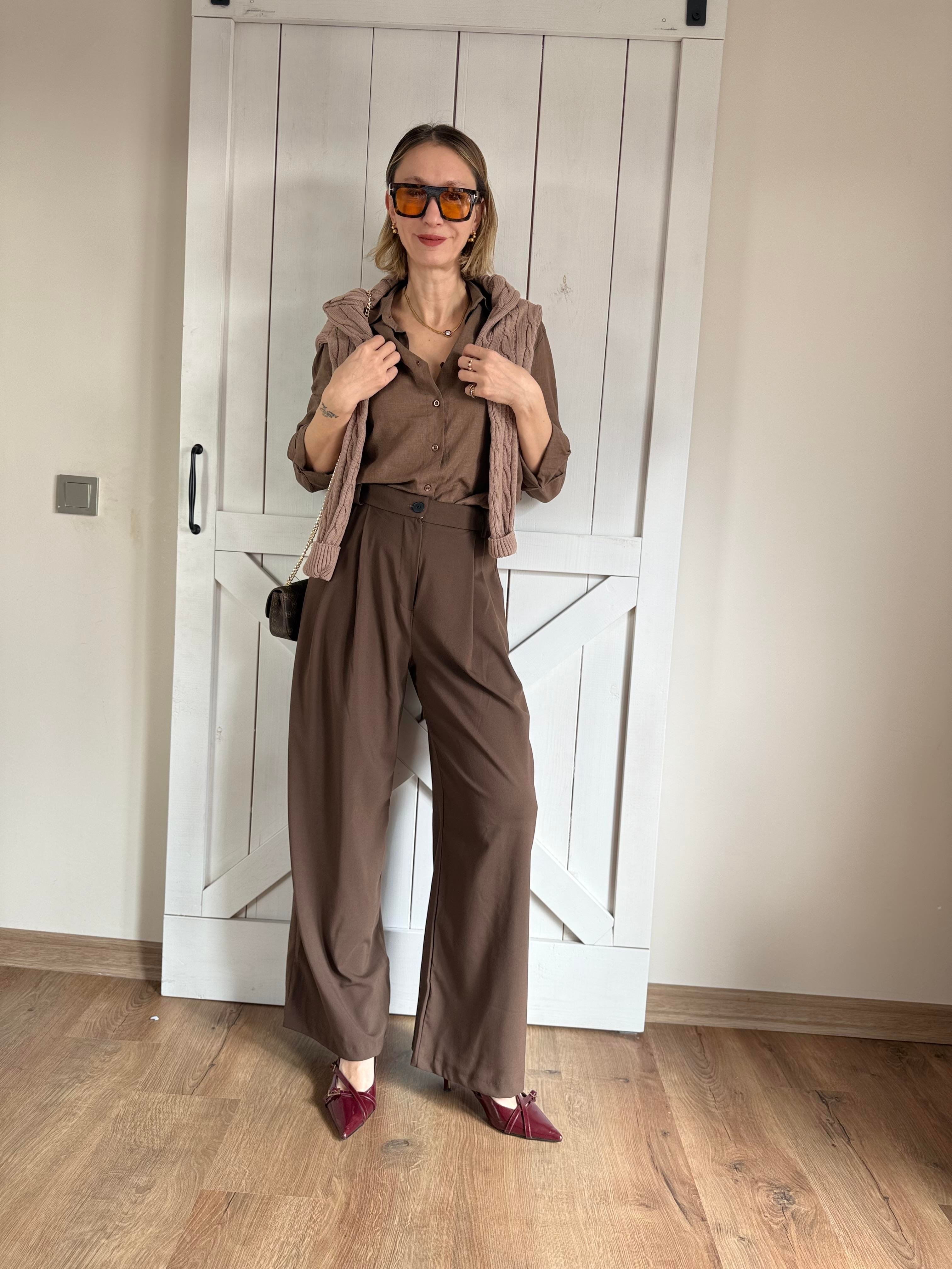 Ara Biye Detaylı Kahverengi Kumaş Kadın Pantolon