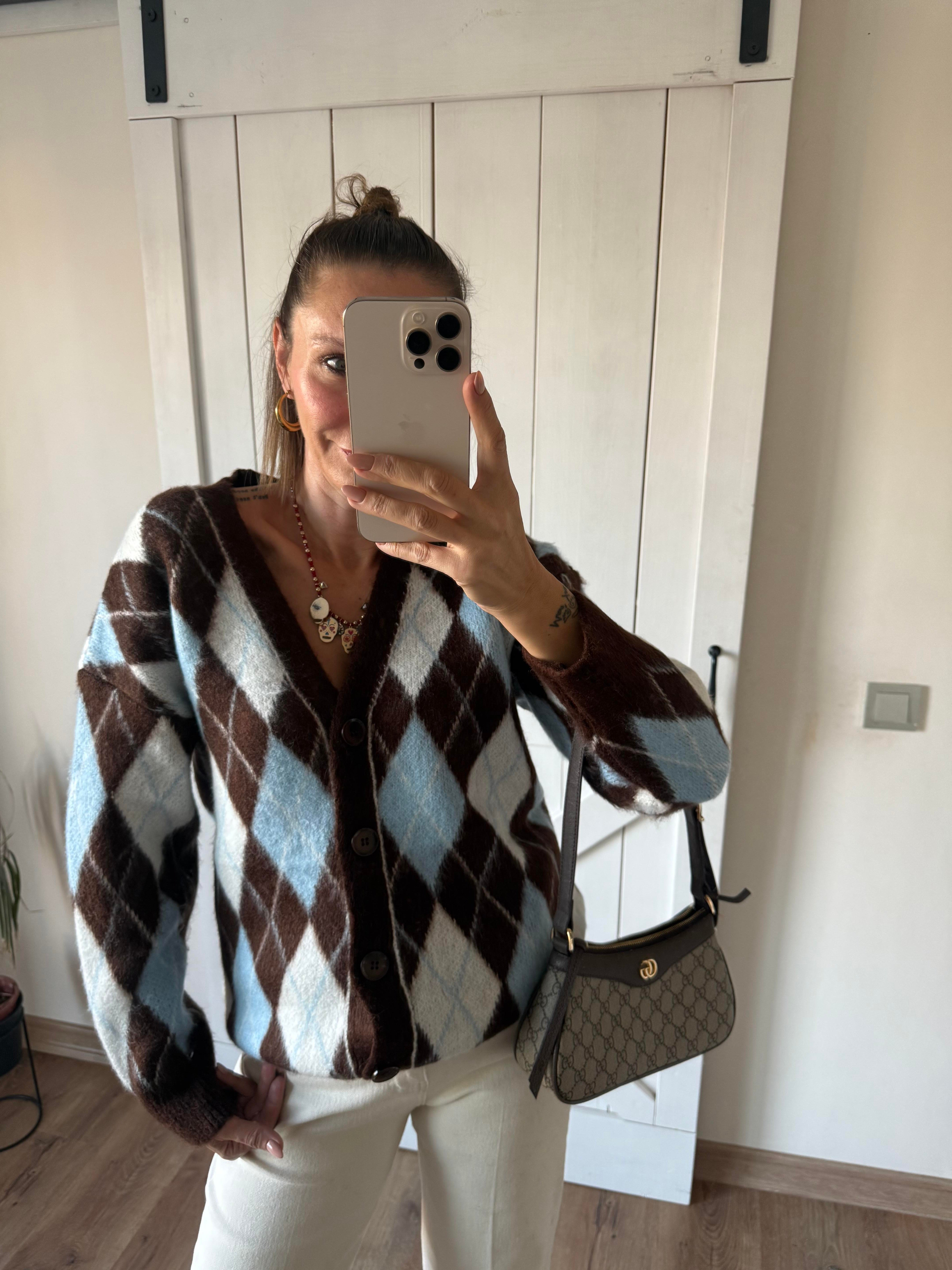 Baklava Dilimli Mavi Kahve Yumoş Hırka