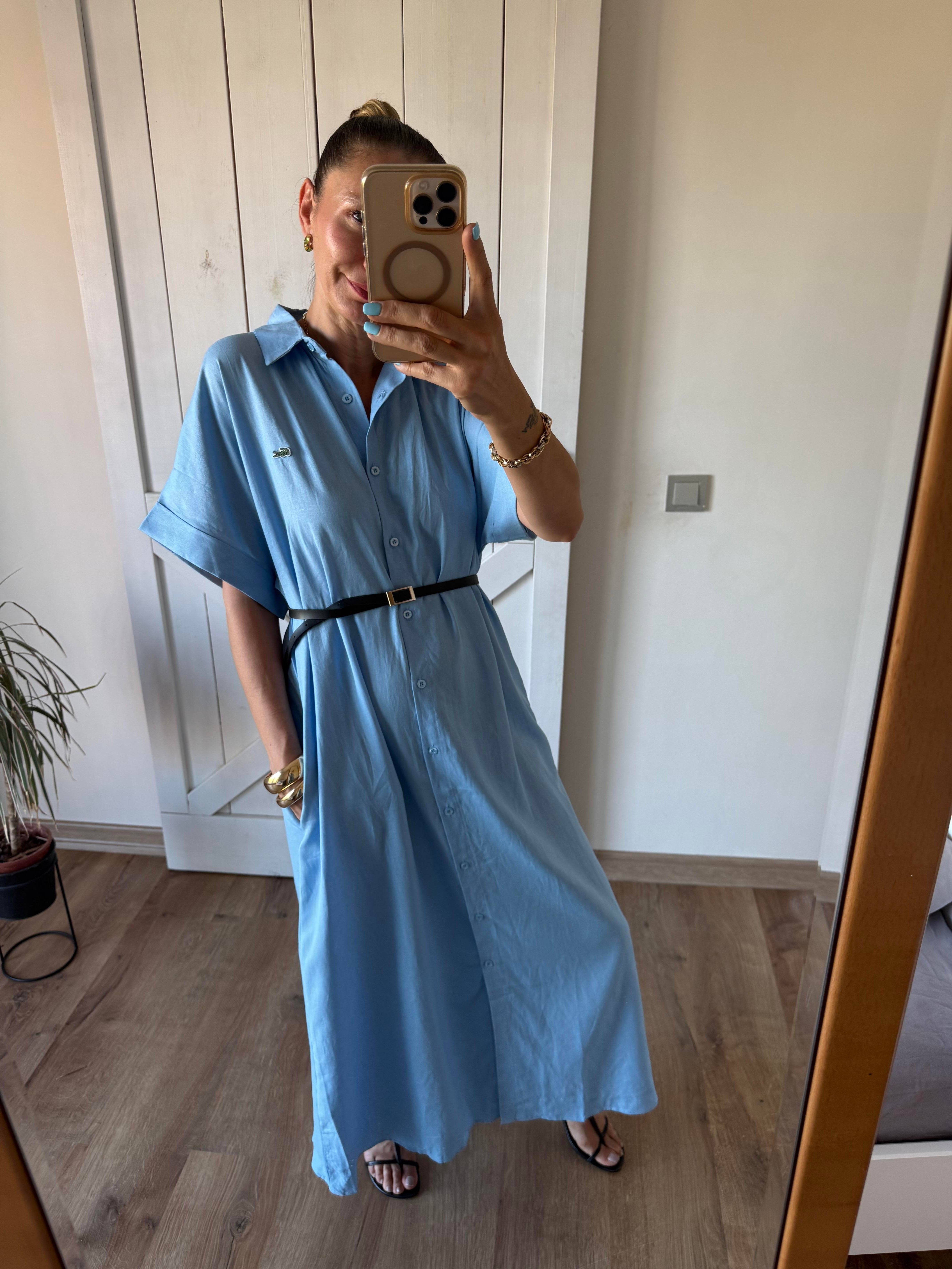 Bebek Mavi Uzun Keten Gömlek Elbise