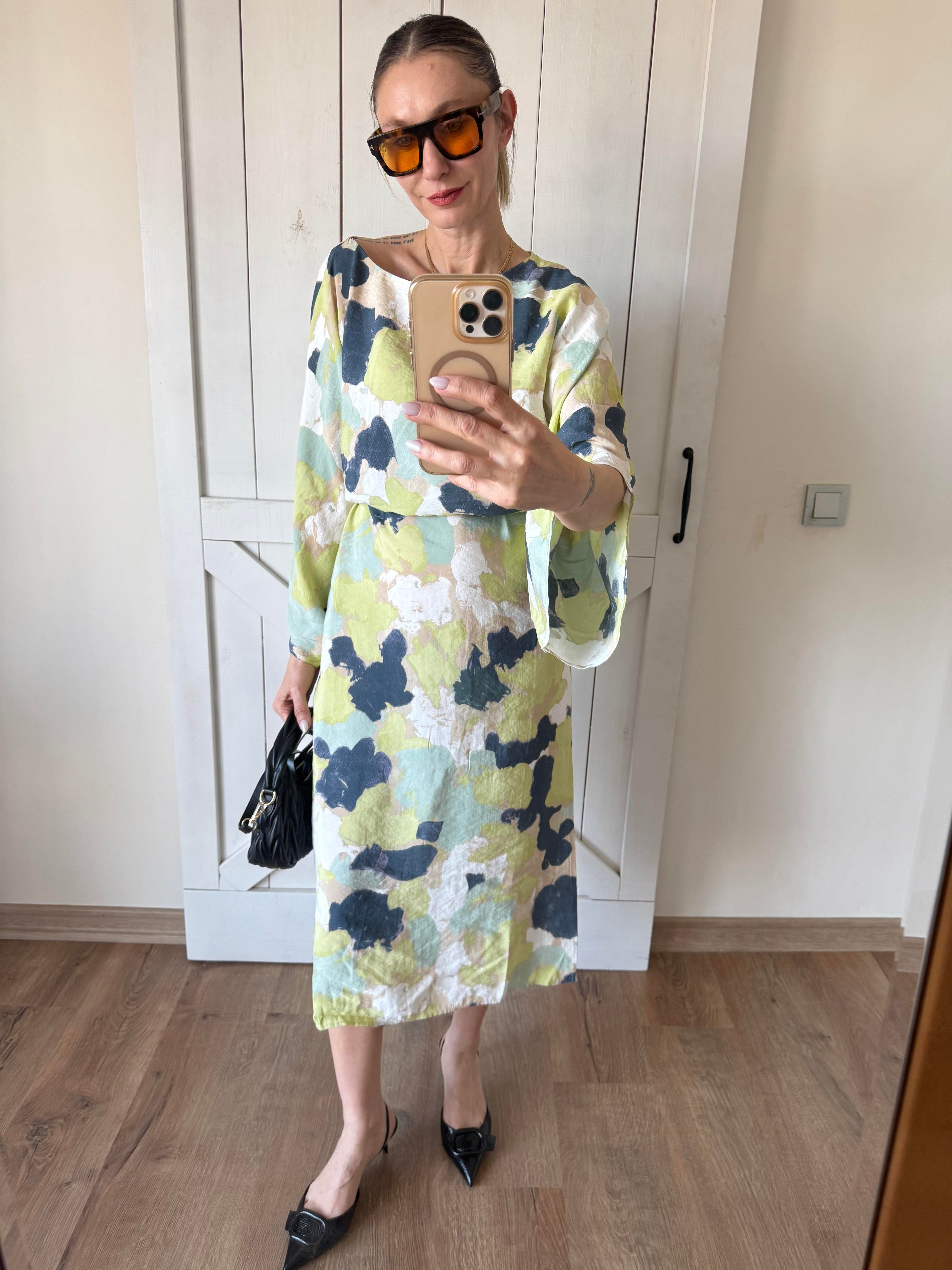 Belden Ayarlamalı Fırça Darbeli Elbise