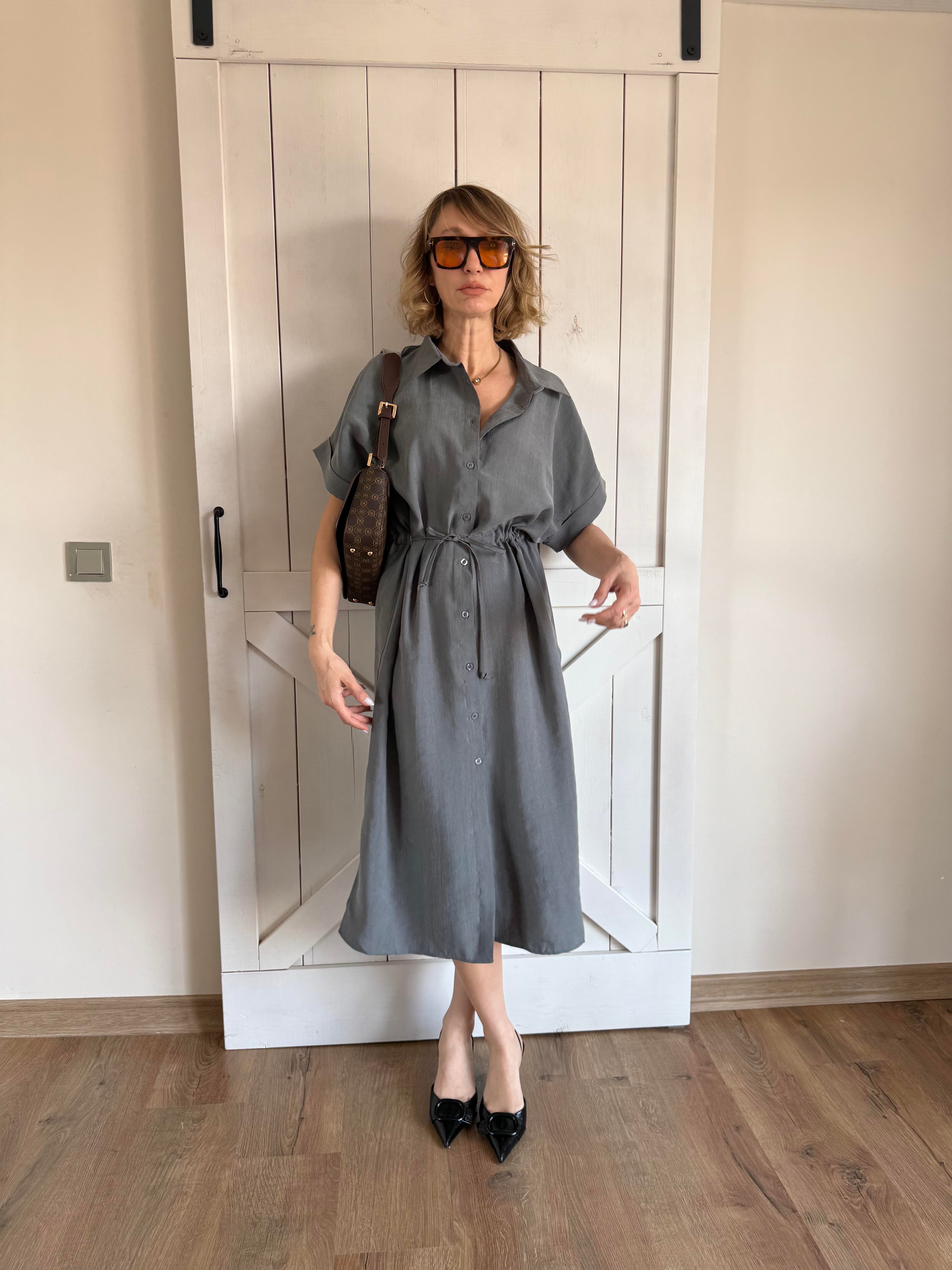 Belden Büzdürmeli Çağla Elbise