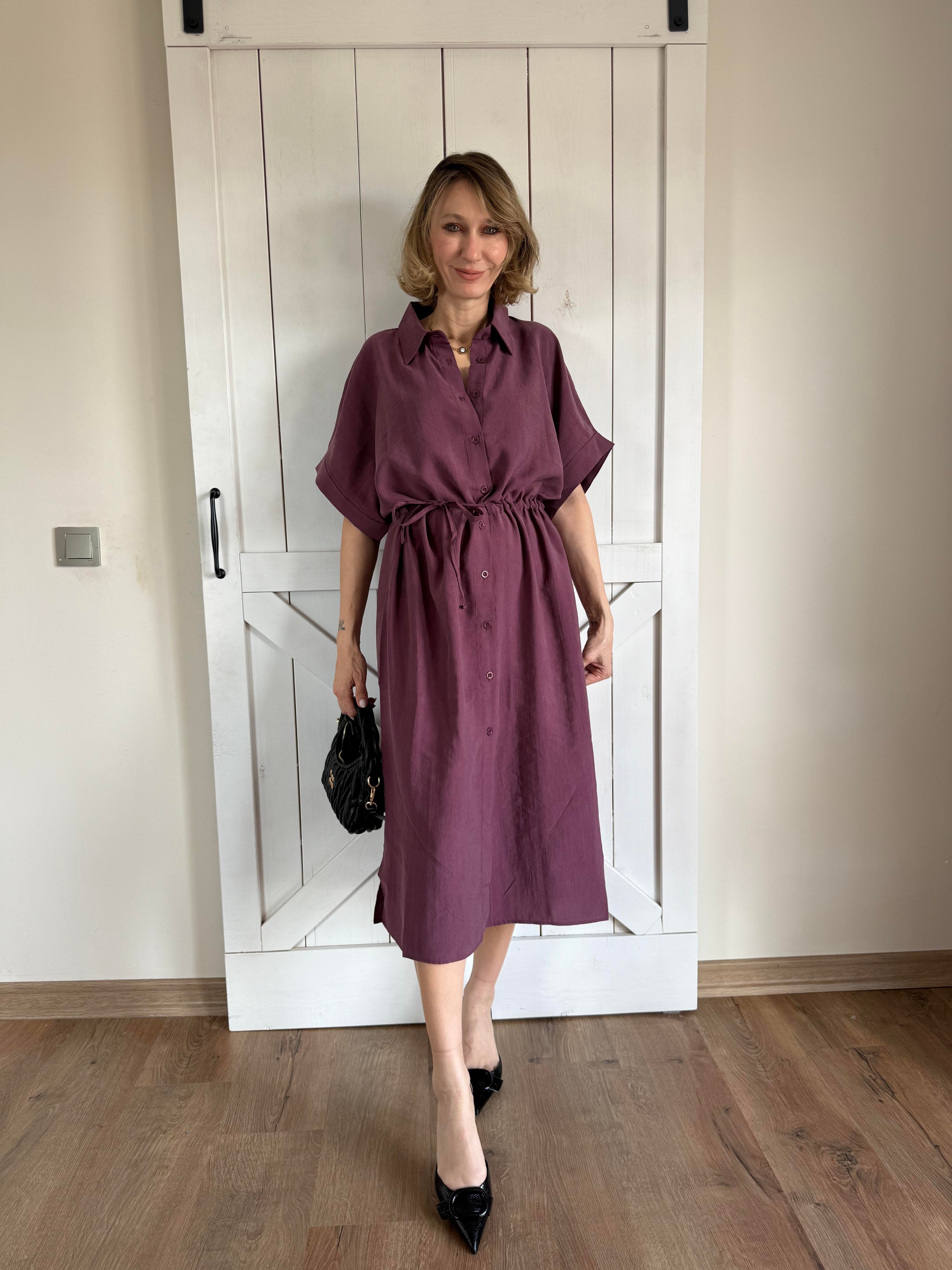 Belden Büzgü Ayarlı Mürdüm Elbise