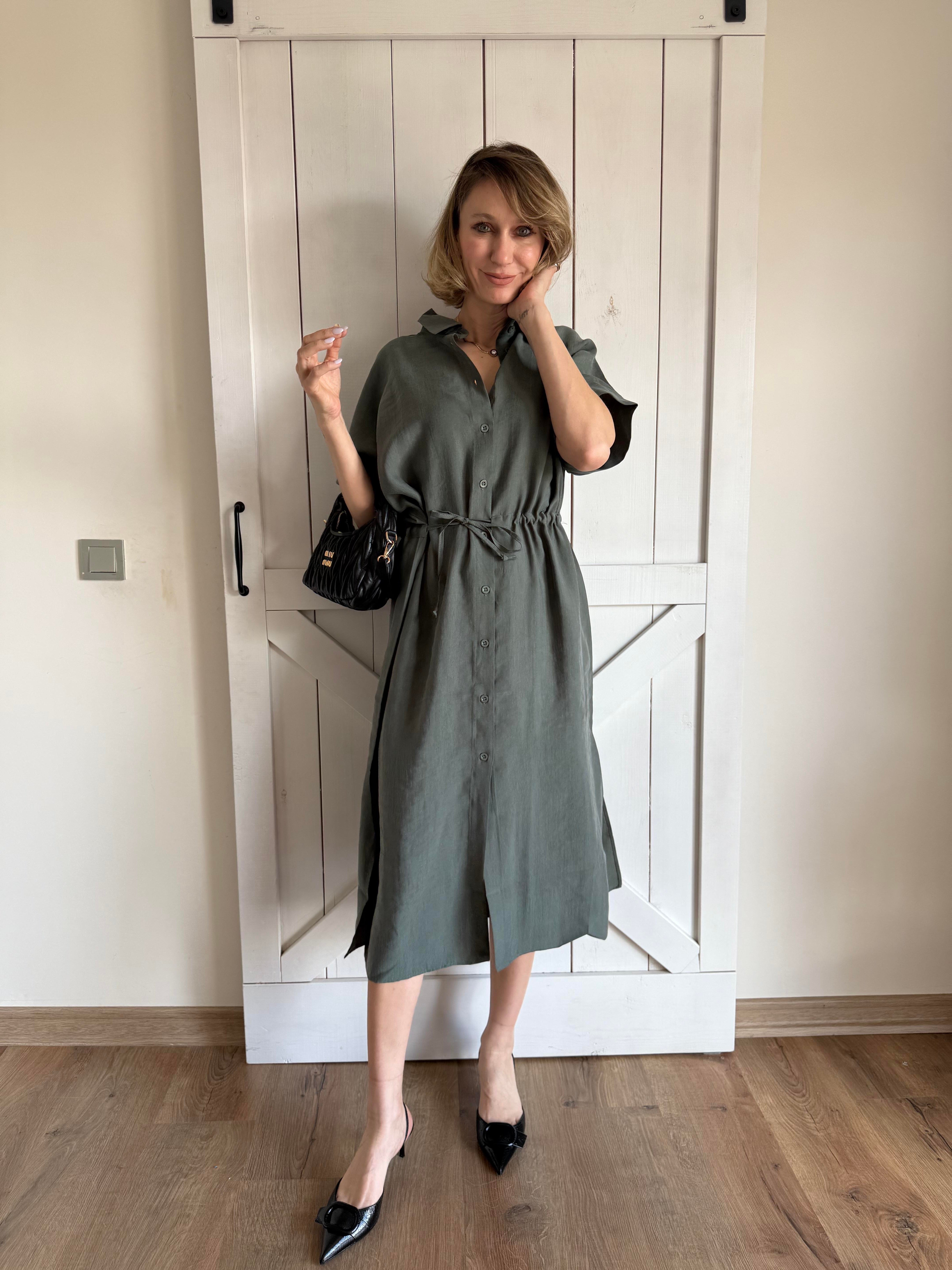 Belden Büzgü Detaylı Haki Elbise