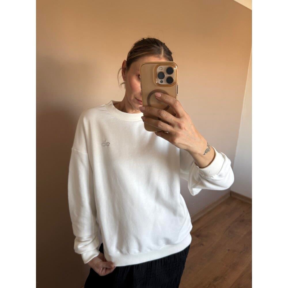 Beyaz Baskı Detaylı Bisiklet Yaka Kadın Sweatshirt 