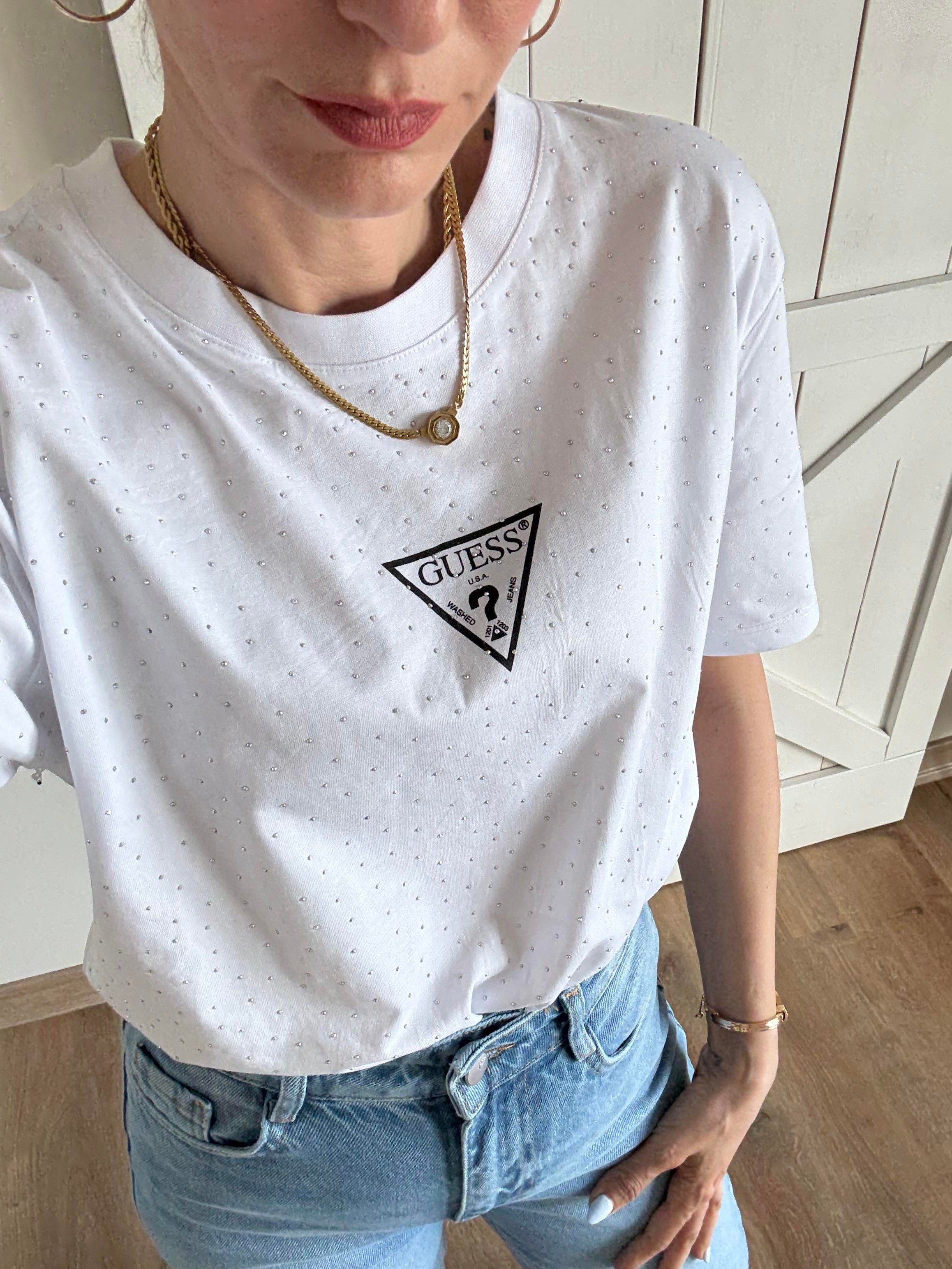 Beyaz Full Taşlı Tshirt