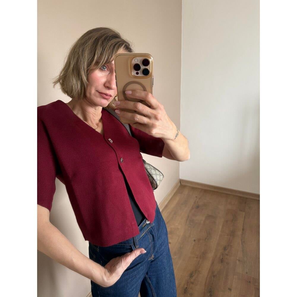 Bordo Düğme Detaylı Çelik Örme Kadın Hırka