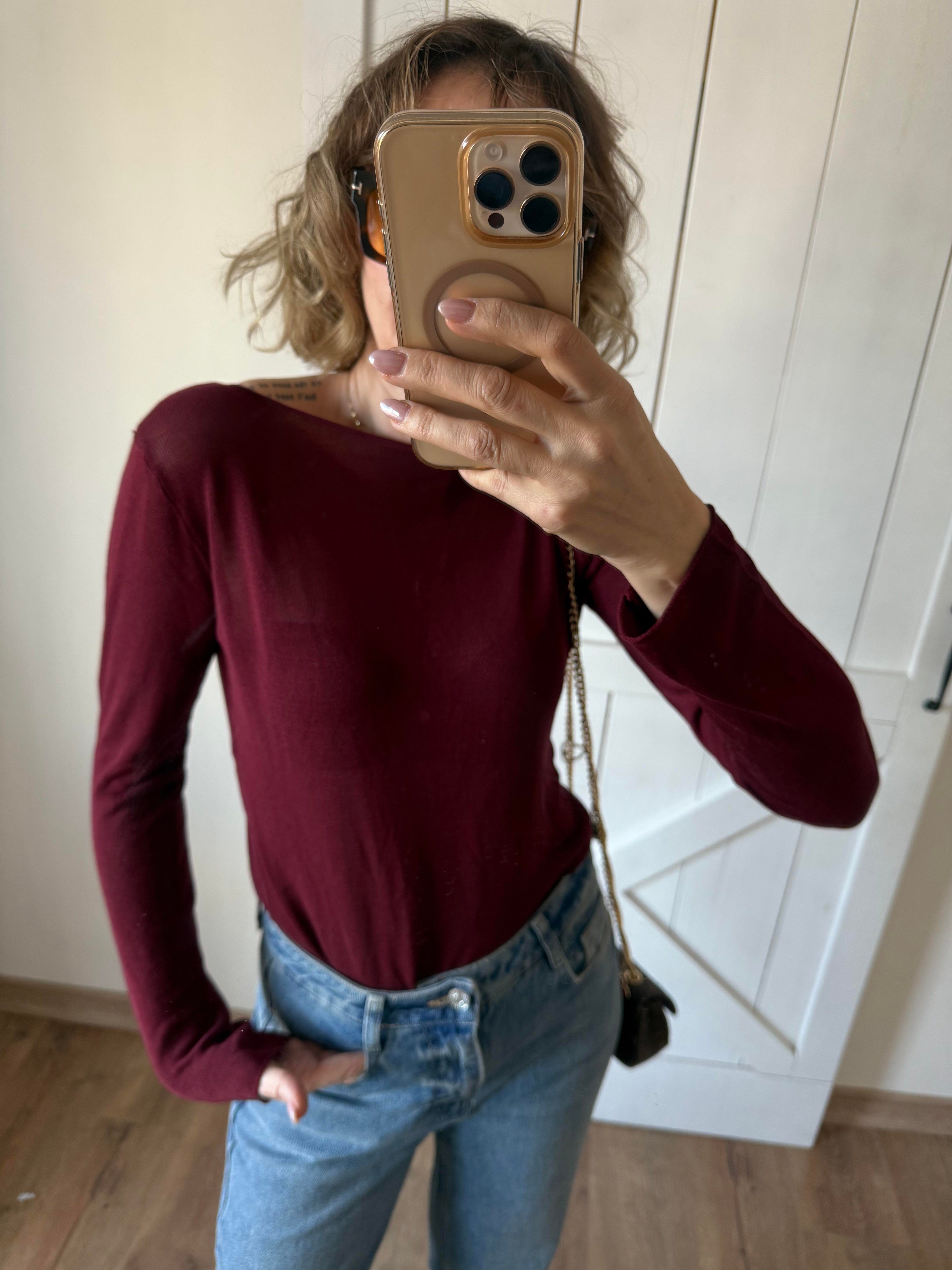 Bordo Kayık Yaka Transparan Bluz