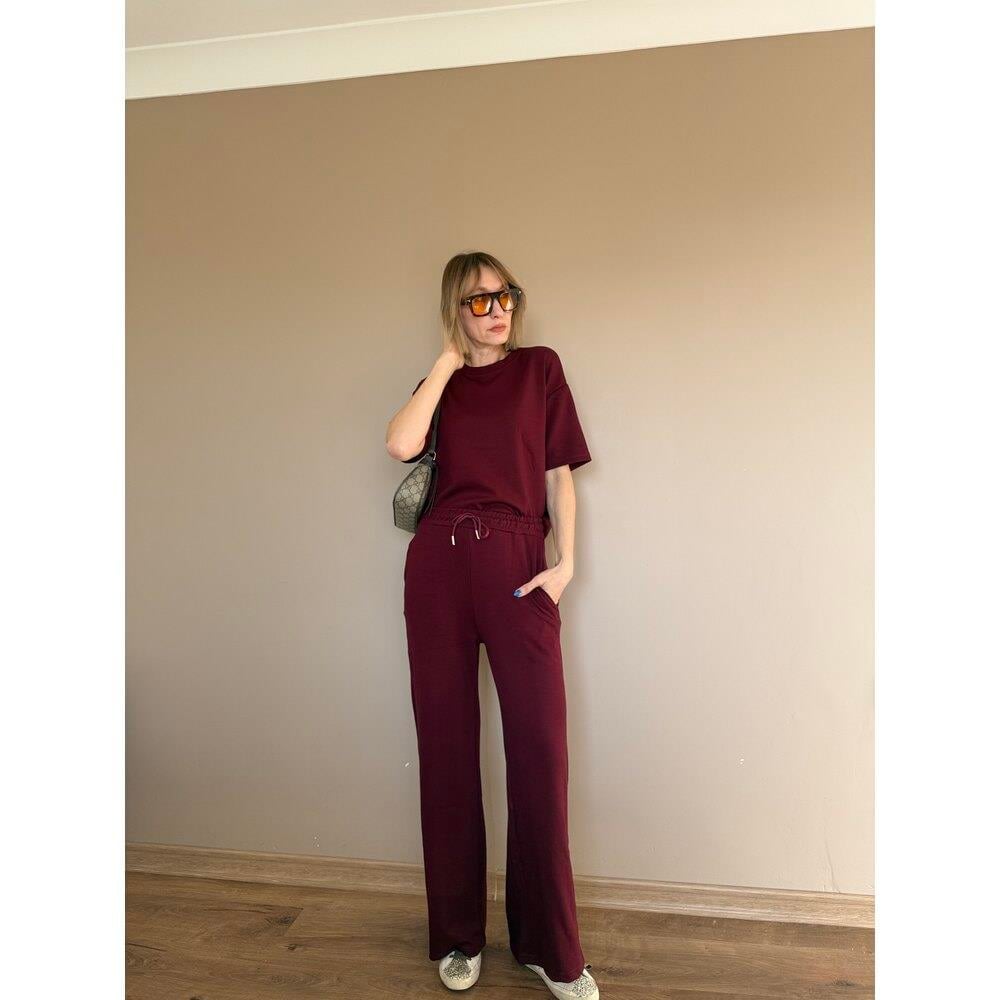 Bordo Oversize Yarım Kollu Sweat Pantolon