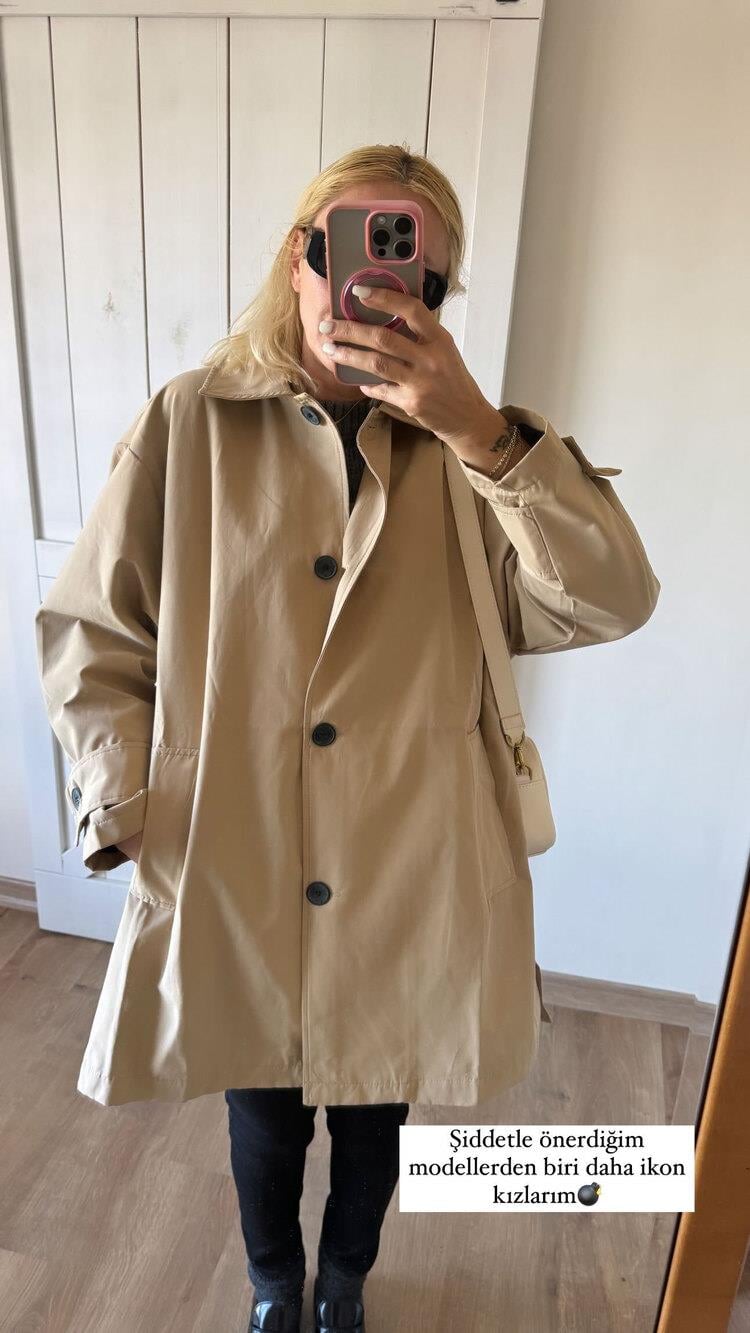 Camel Renk Düğmeli Kadın Trençkot
