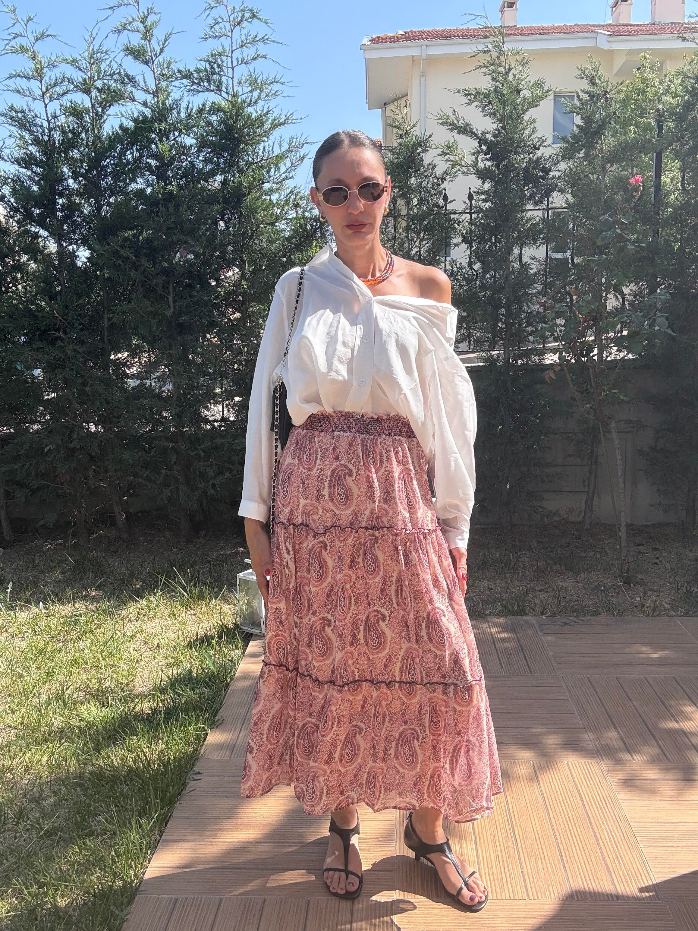 Çiçek Desenli Bel Lastikli Şifon Etek