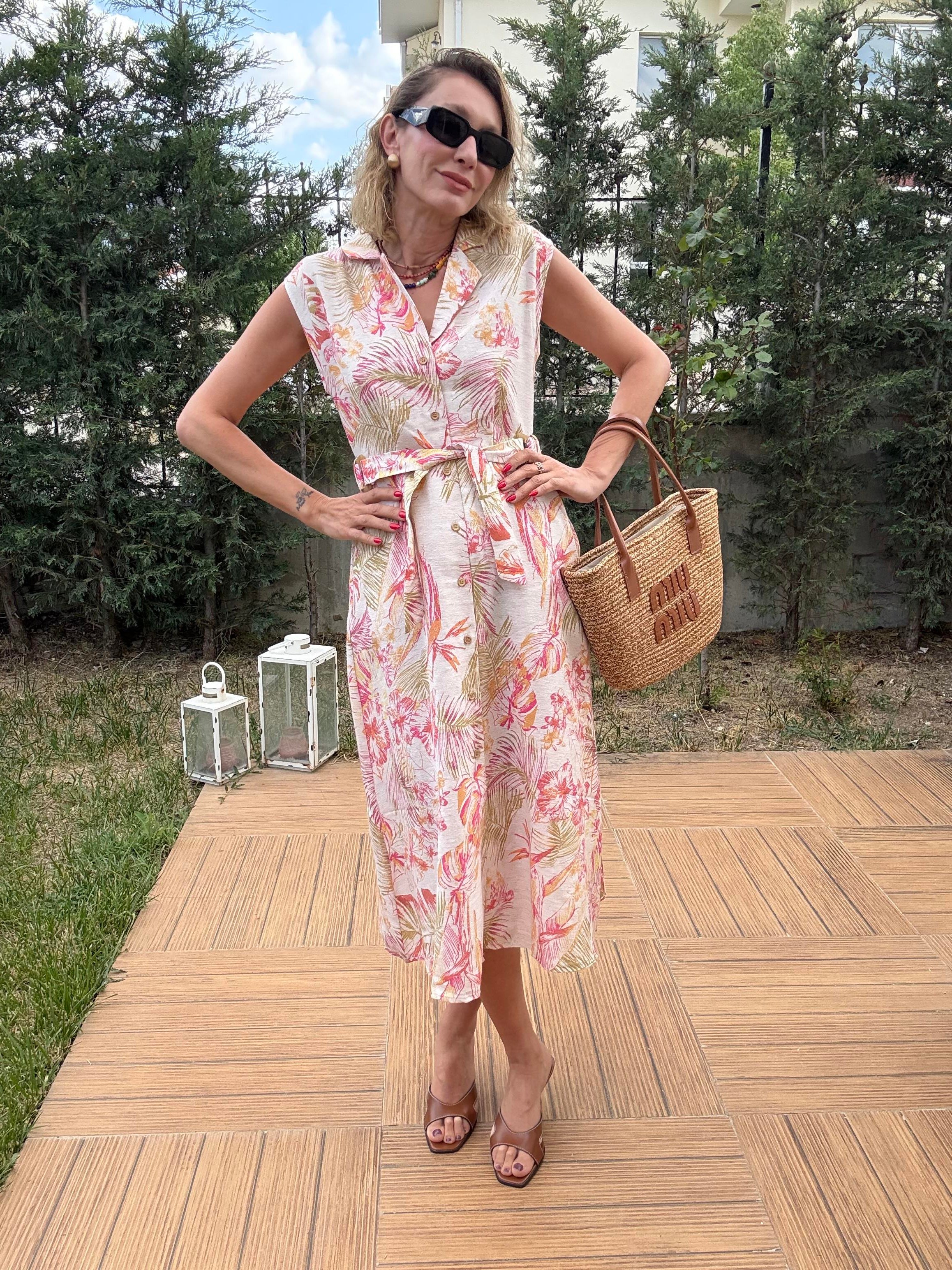 Çiçek Desenli Keten Midi Elbise