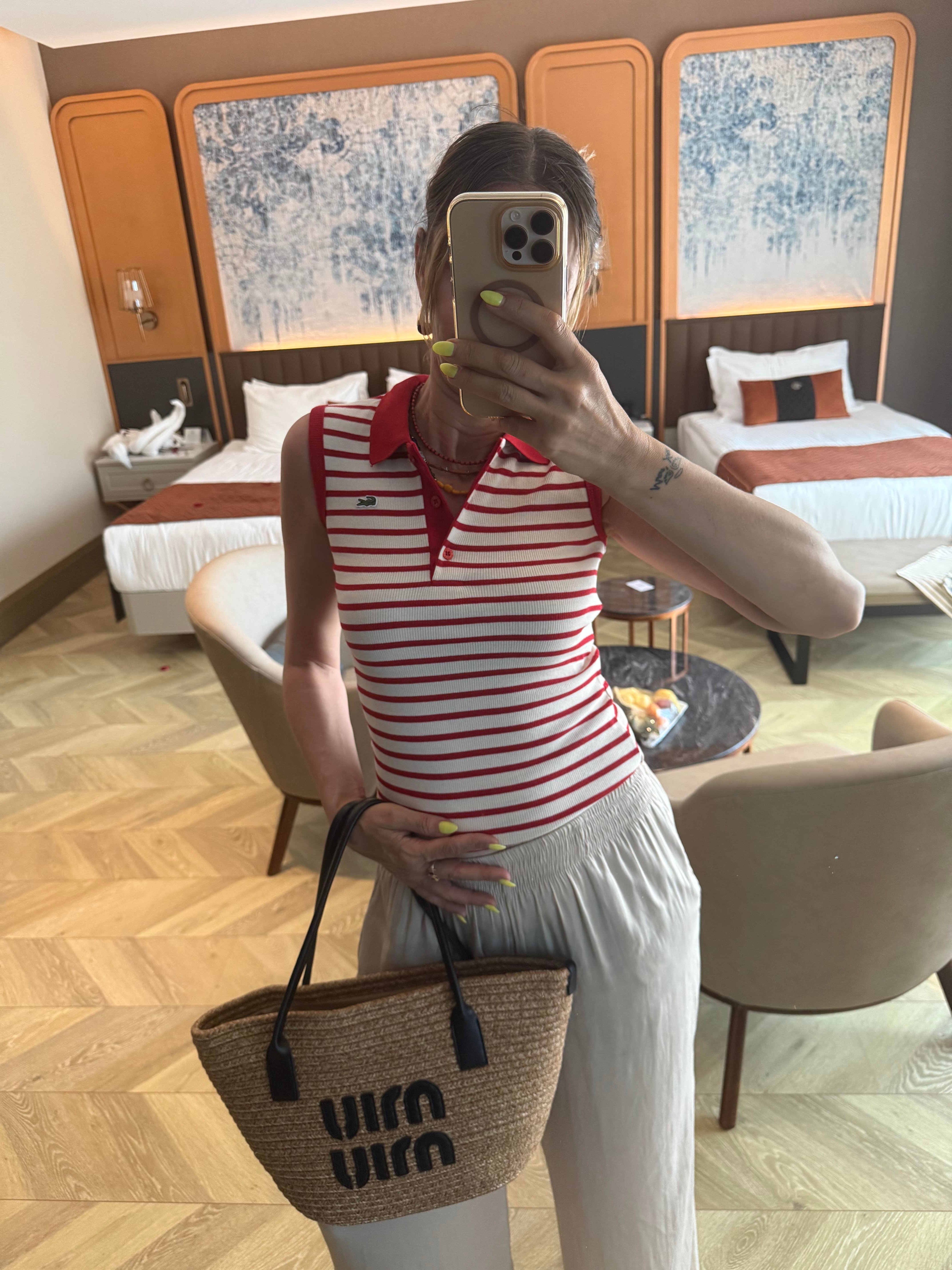 Çizgili Kaşkorse Polo Yaka Kırmızı Atlet