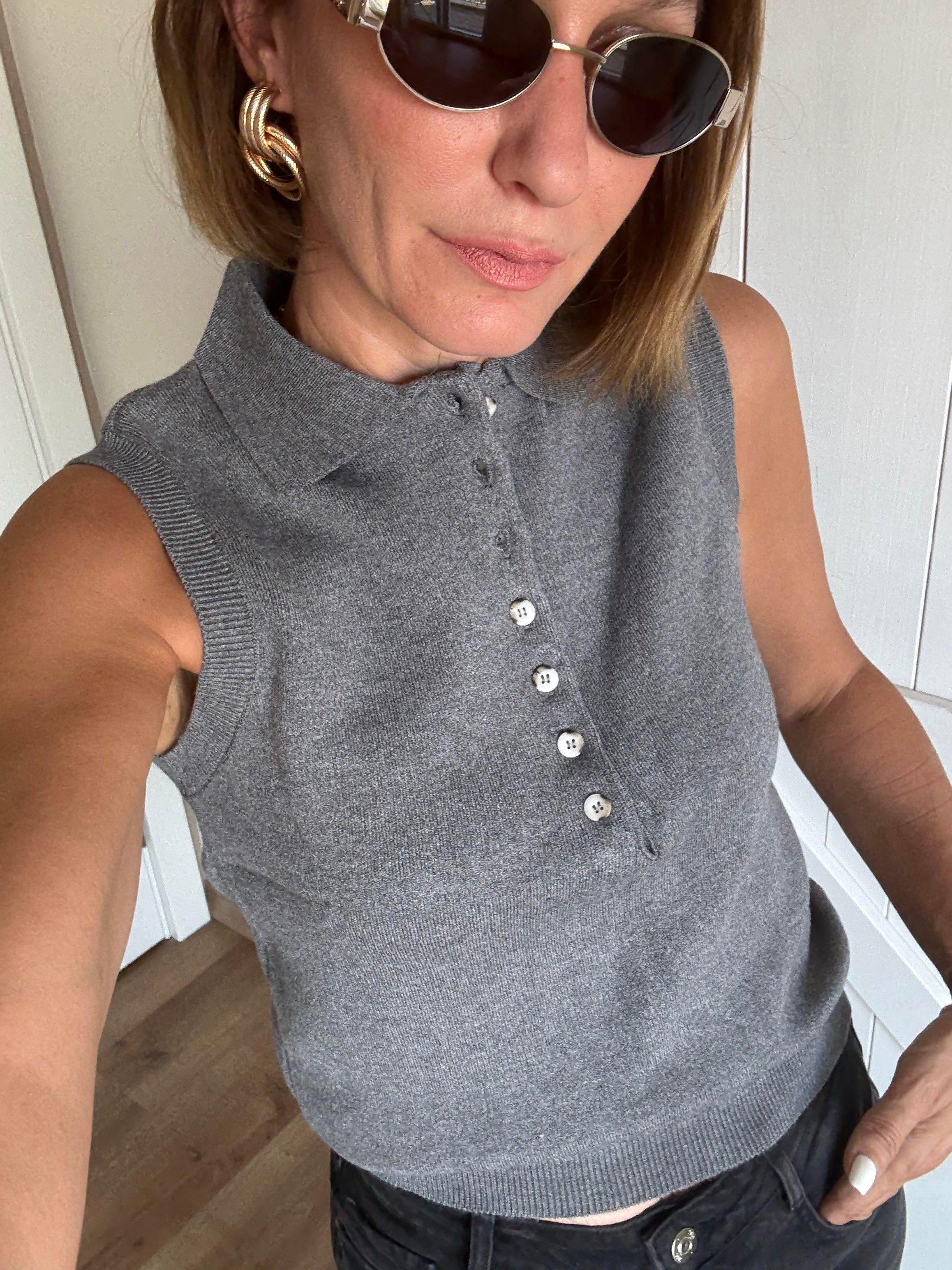 Çok Düğmeli Massi Polo Yaka Gri Kolsuz Triko