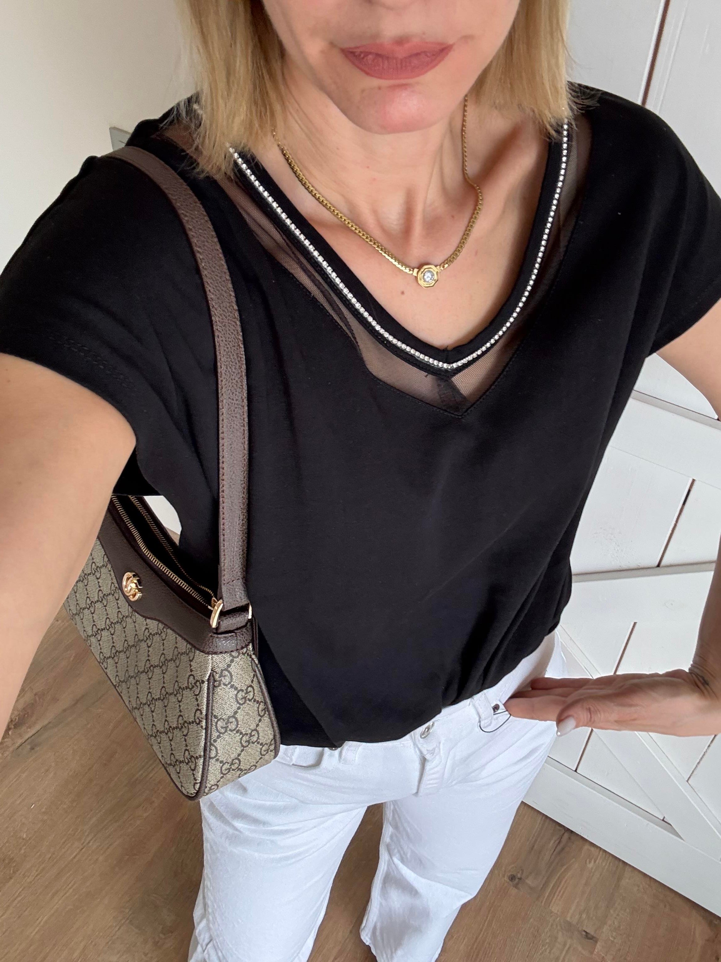 Dantel V Yaka Taş İşlemeli Tshirt