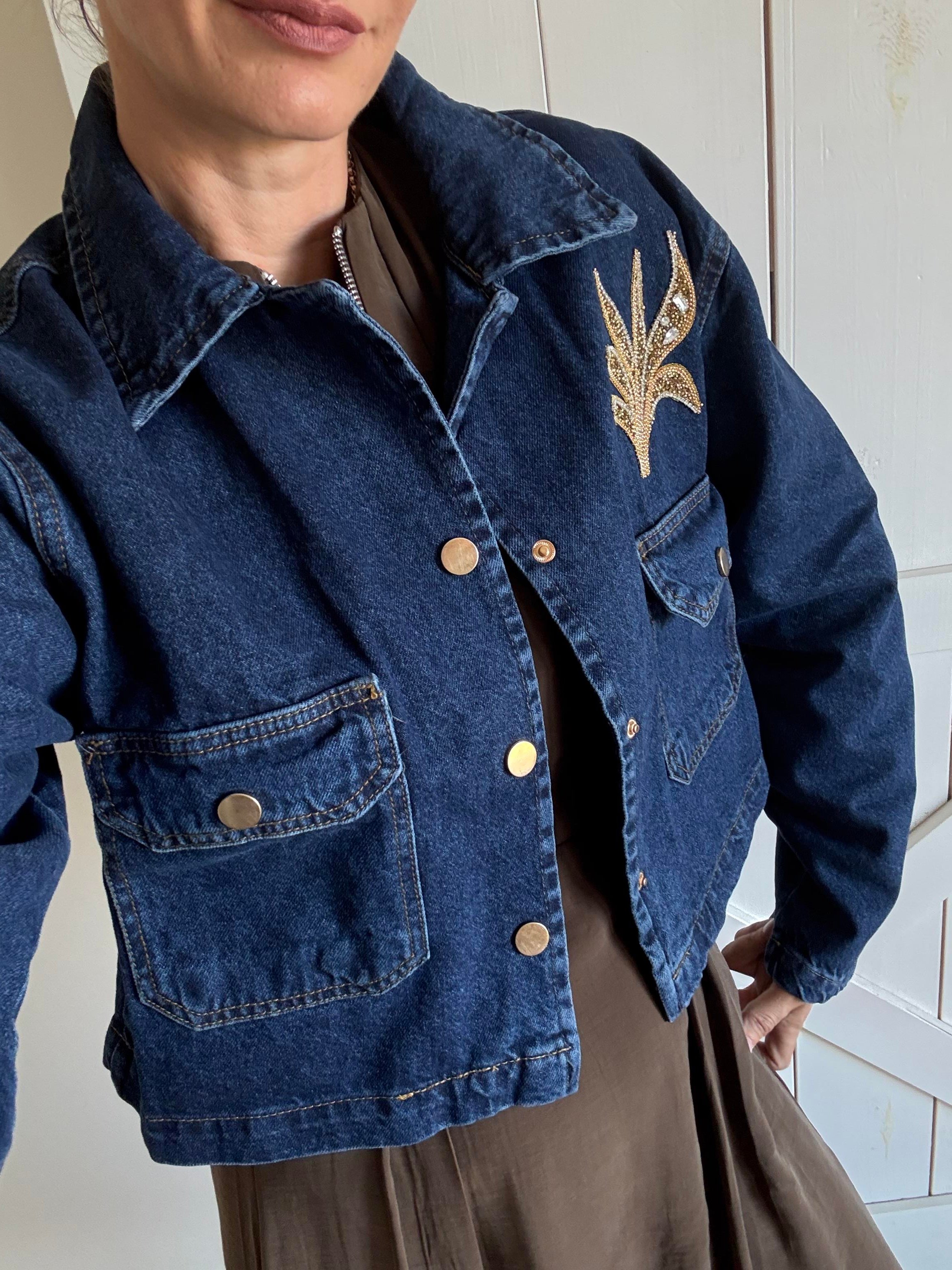 Denim Boncuk İşlemeli Ceket
