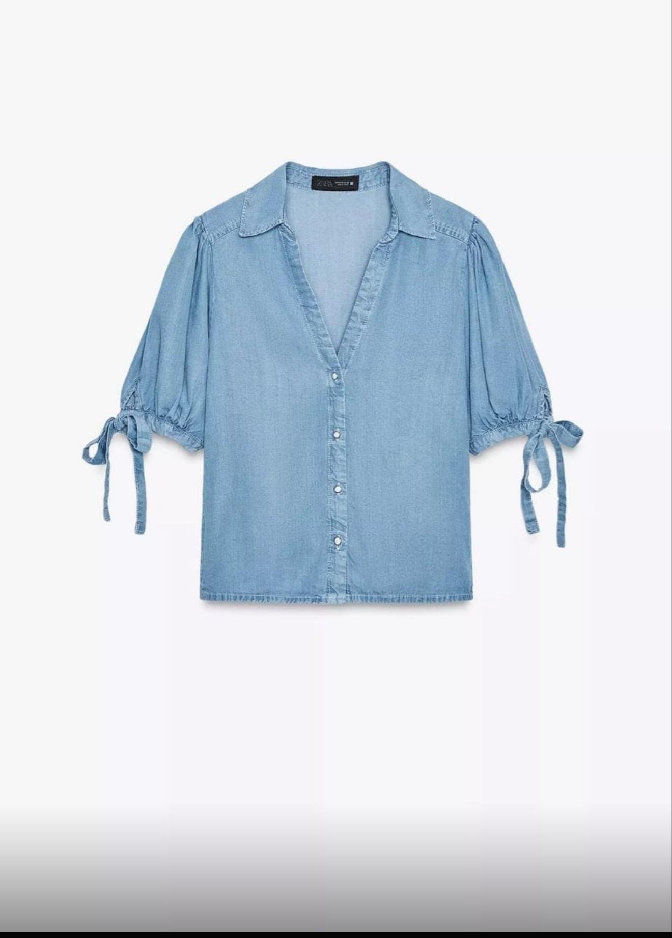 Denim Görünümlü Fiyonk Gömlek