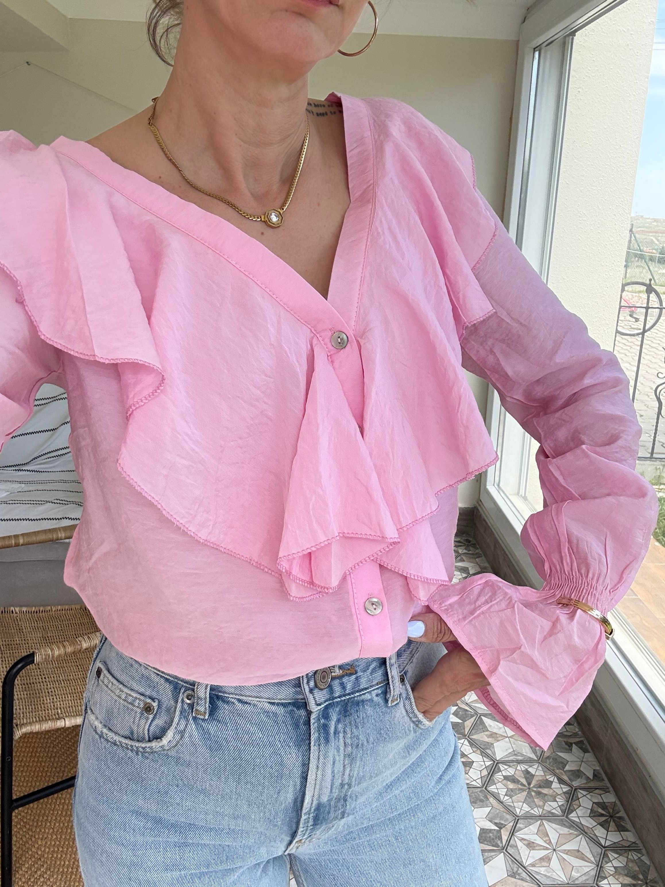 Fırfırlı Pembe Tensel Gömlek