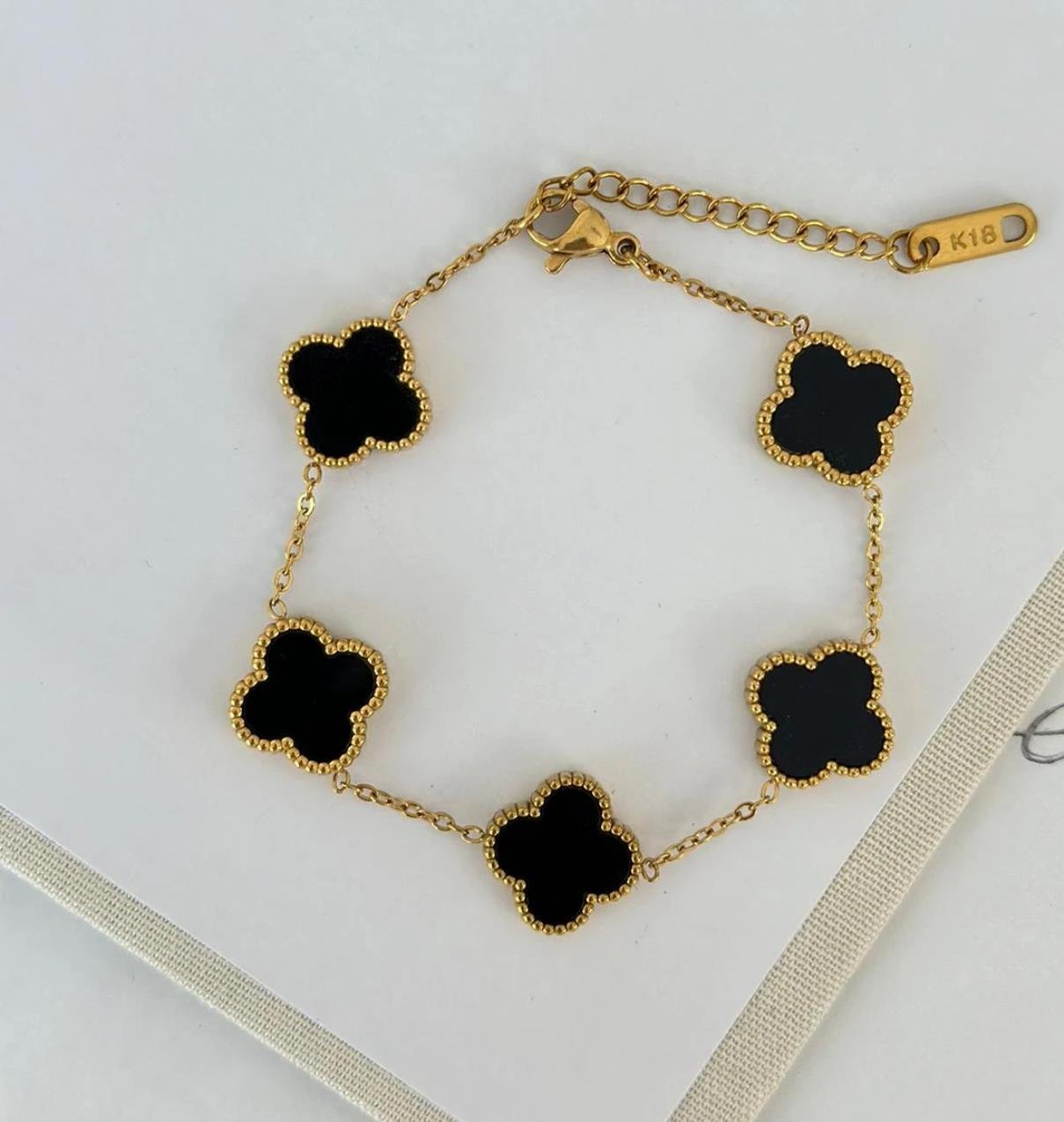 Gold Siyah Renkli 5 Li Çift Taraflı Yonca Çelik Zincir Bileklik