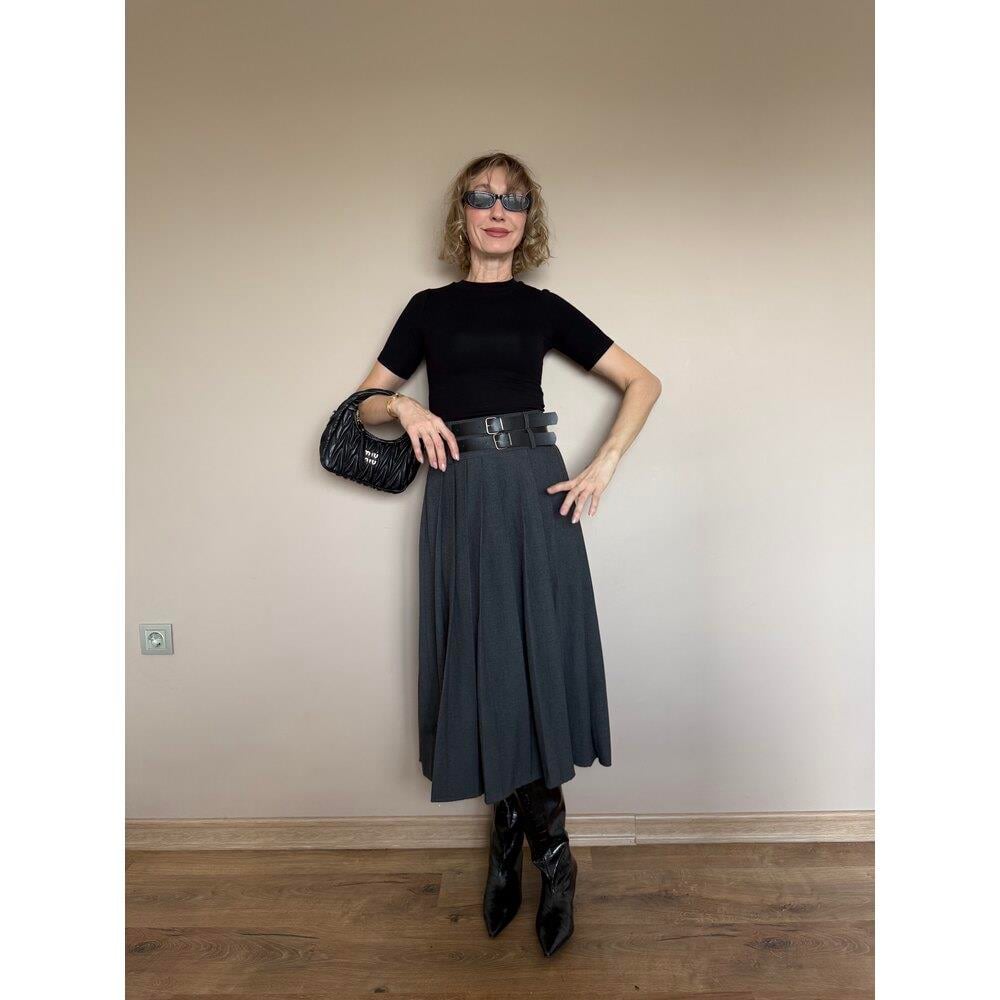 Gri Çift Kemer Detaylı Etek 