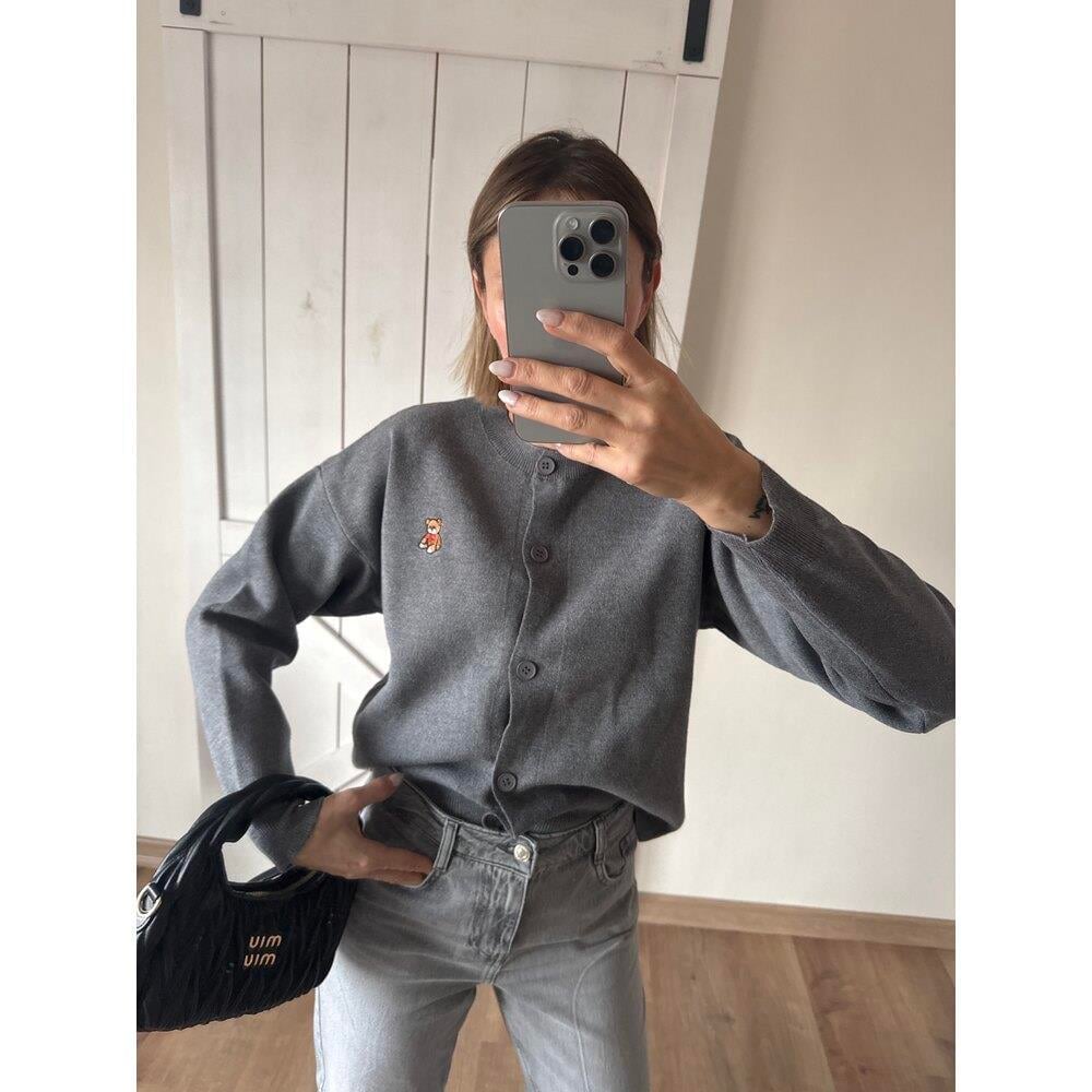 Gri  Nakış Detaylı Kadın Hırka 