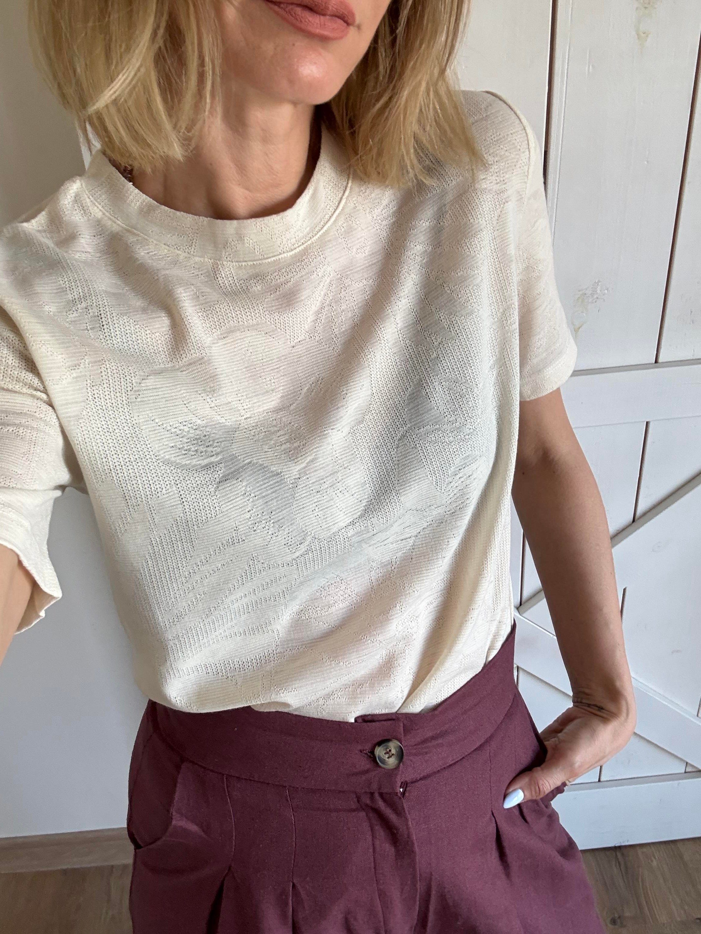 Hafif Transparan Ekru Kısa Kollu Triko Tshirt