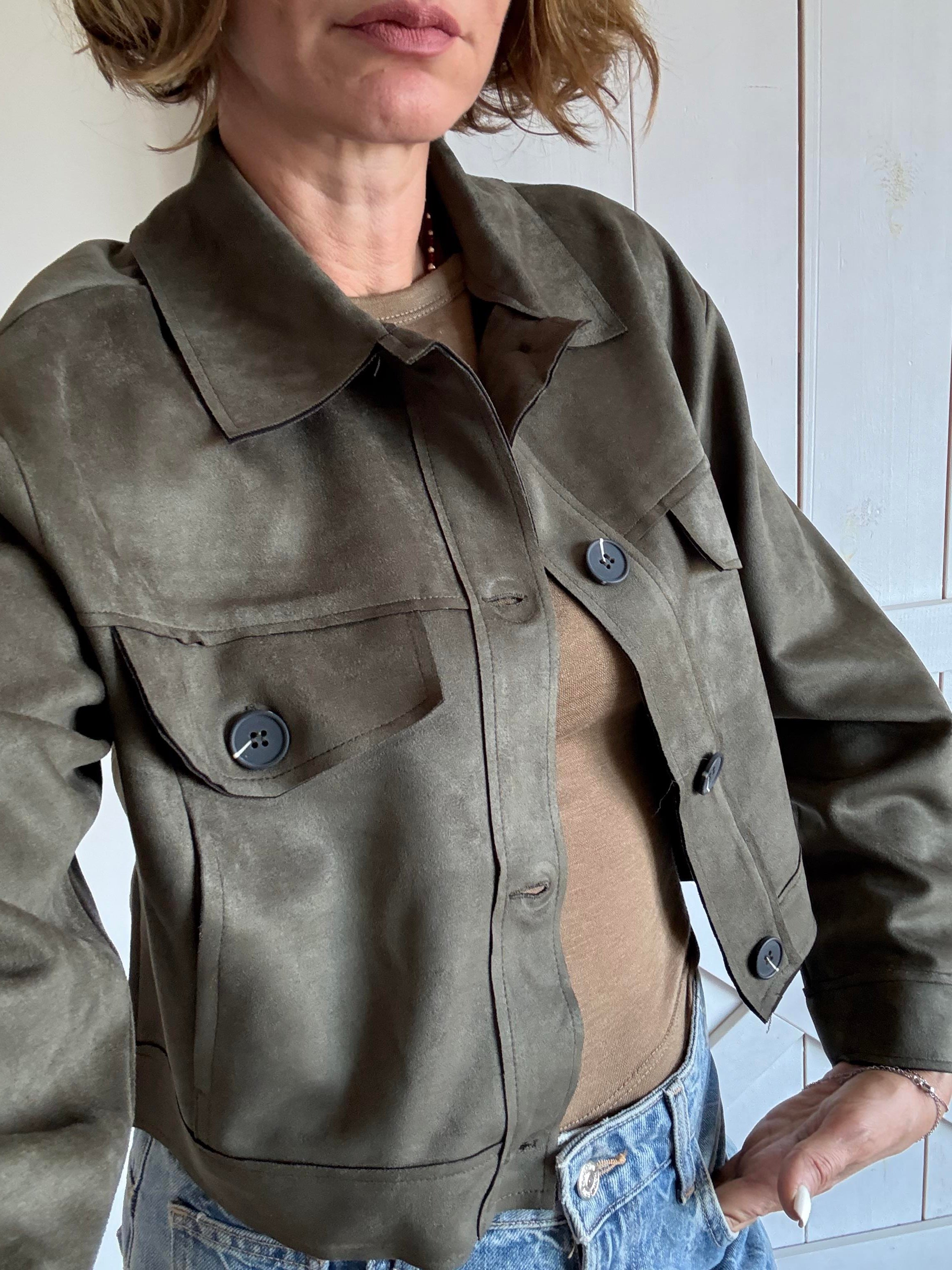 Haki Nubuk Kısa Ceket