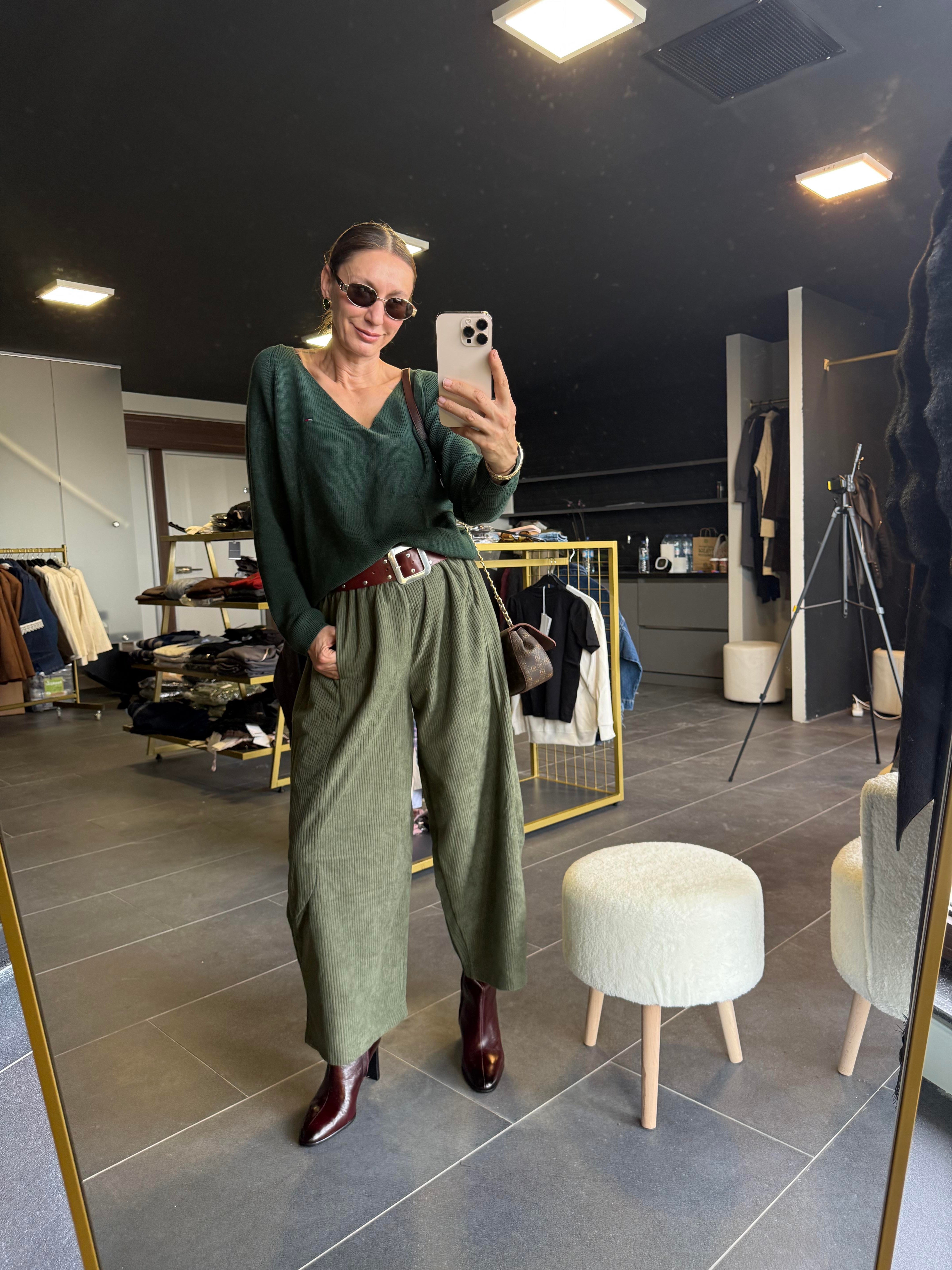 Haki Şalvar Kadife Pantolon