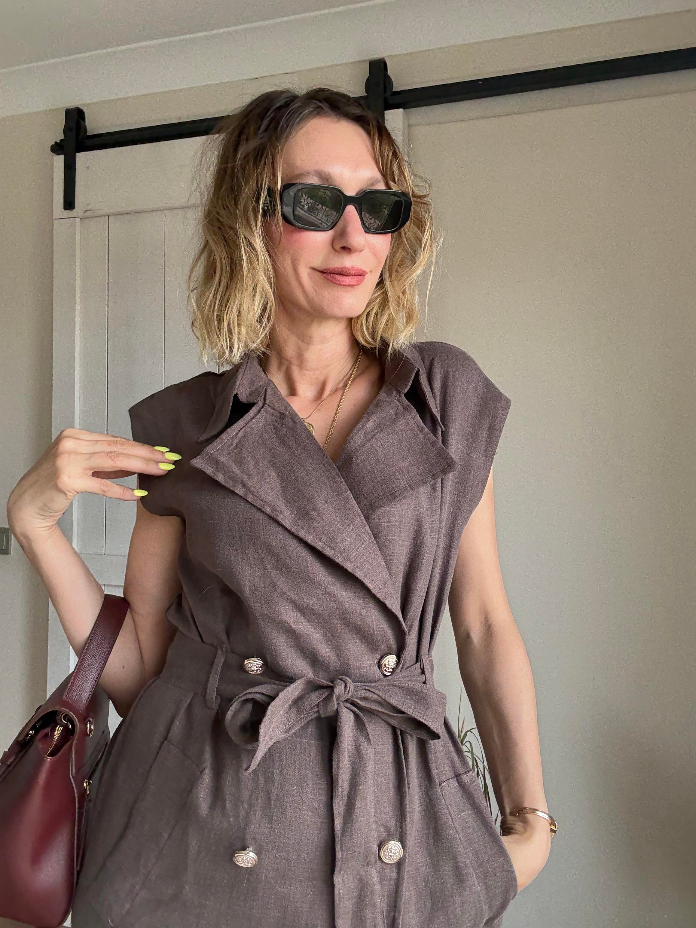 Kahve Krem Vintage Düğmeli Keten Elbise