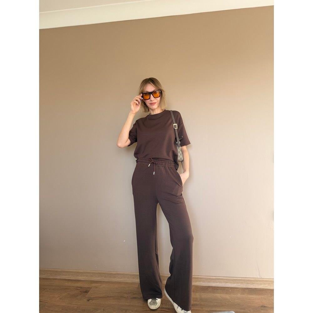Kahve Oversize Yarım Kollu Sweat Pantolon