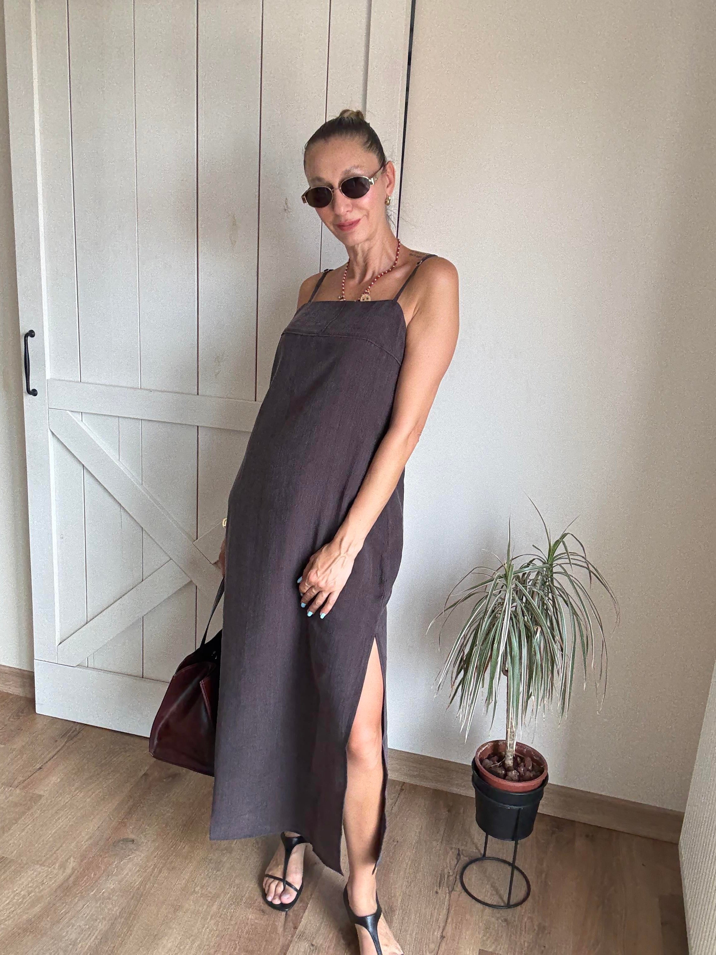 Kahve Tencel Yanı Yırtmaçlı Maxi Boy Elbise