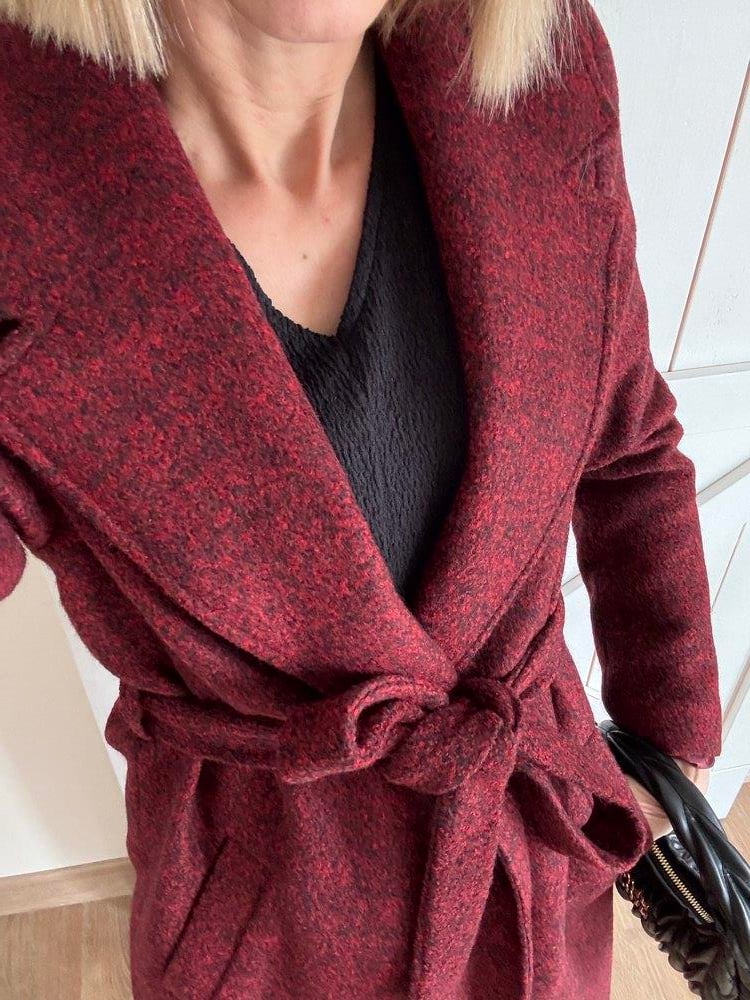 Kaşe Keçe Bordo Kuşak Detaylı Uzun Kaban