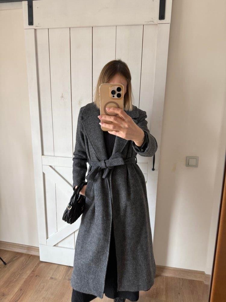 Kaşe Keçe Gri Kuşak Detaylı Uzun Kaban