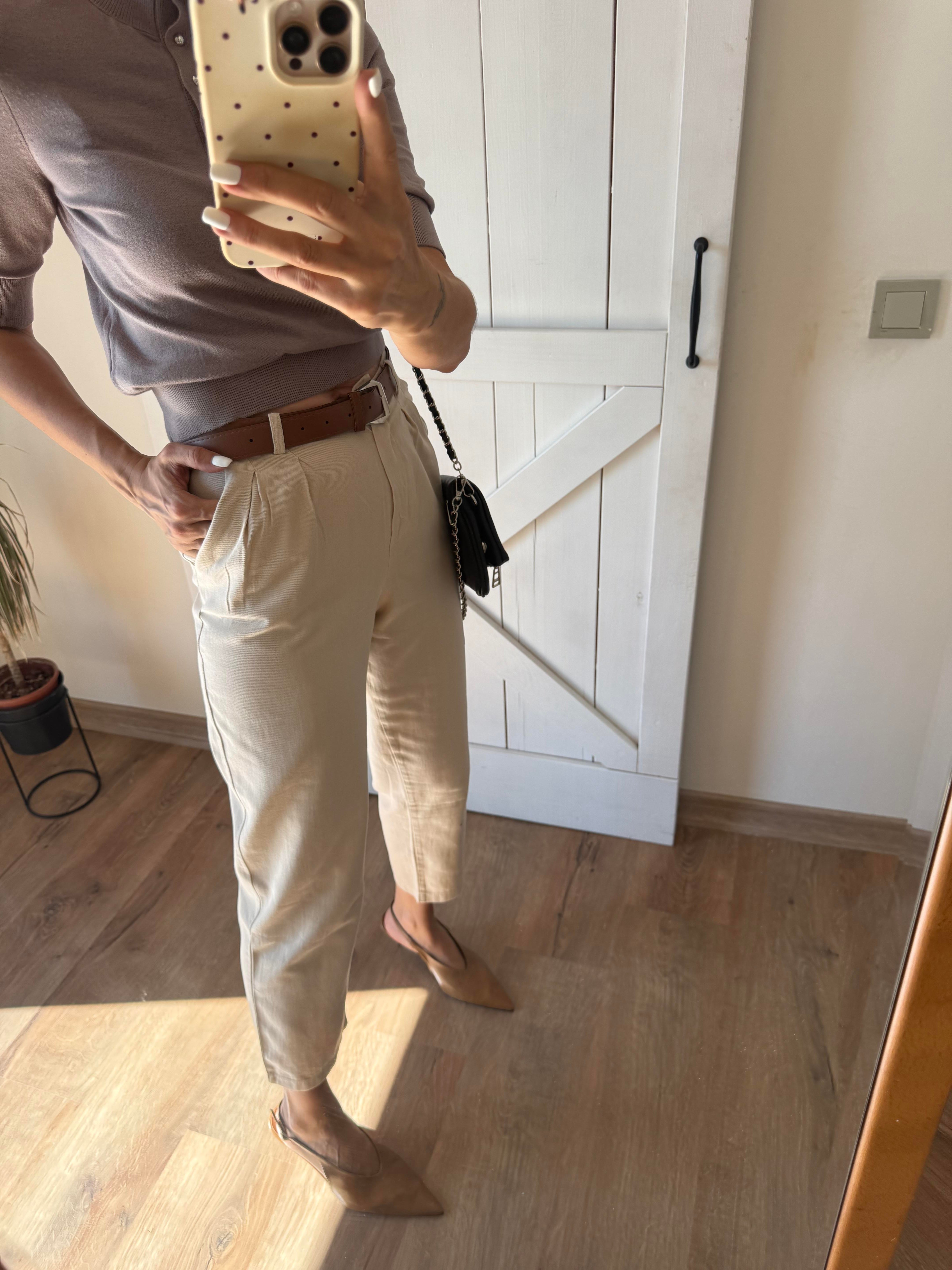 Kemerli Bej Keten Pantolon