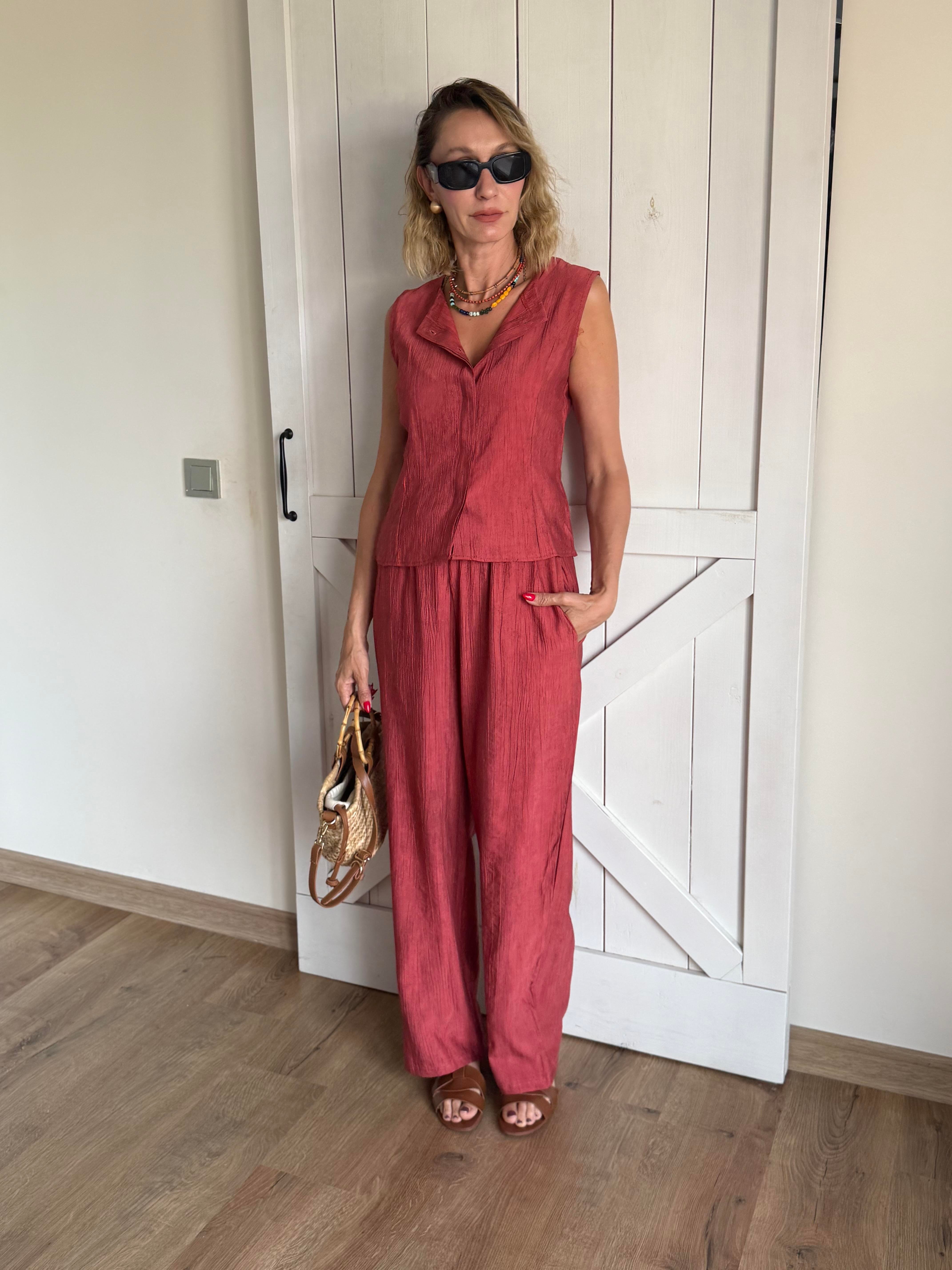 Kiremit Patlı Yelek Pantolon Takım