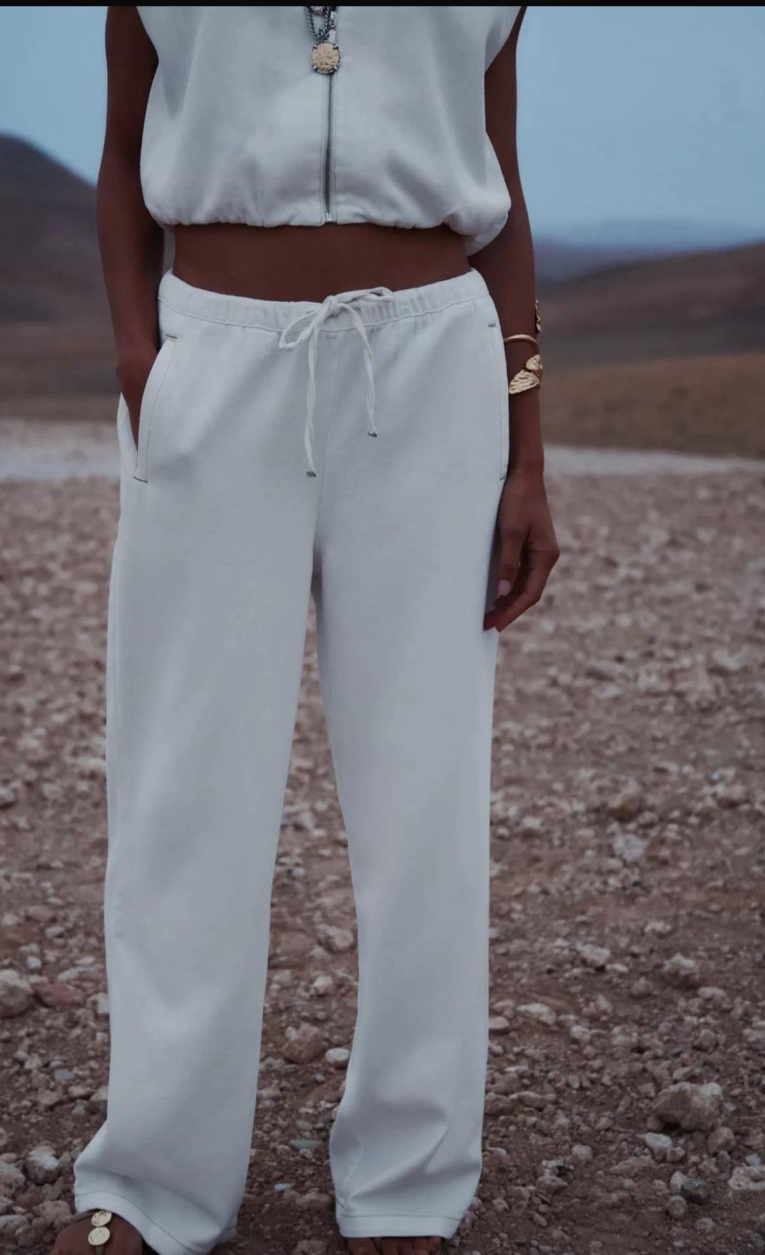 Kırık Beyaz Beli Lastikli Zr Keten Pantolon