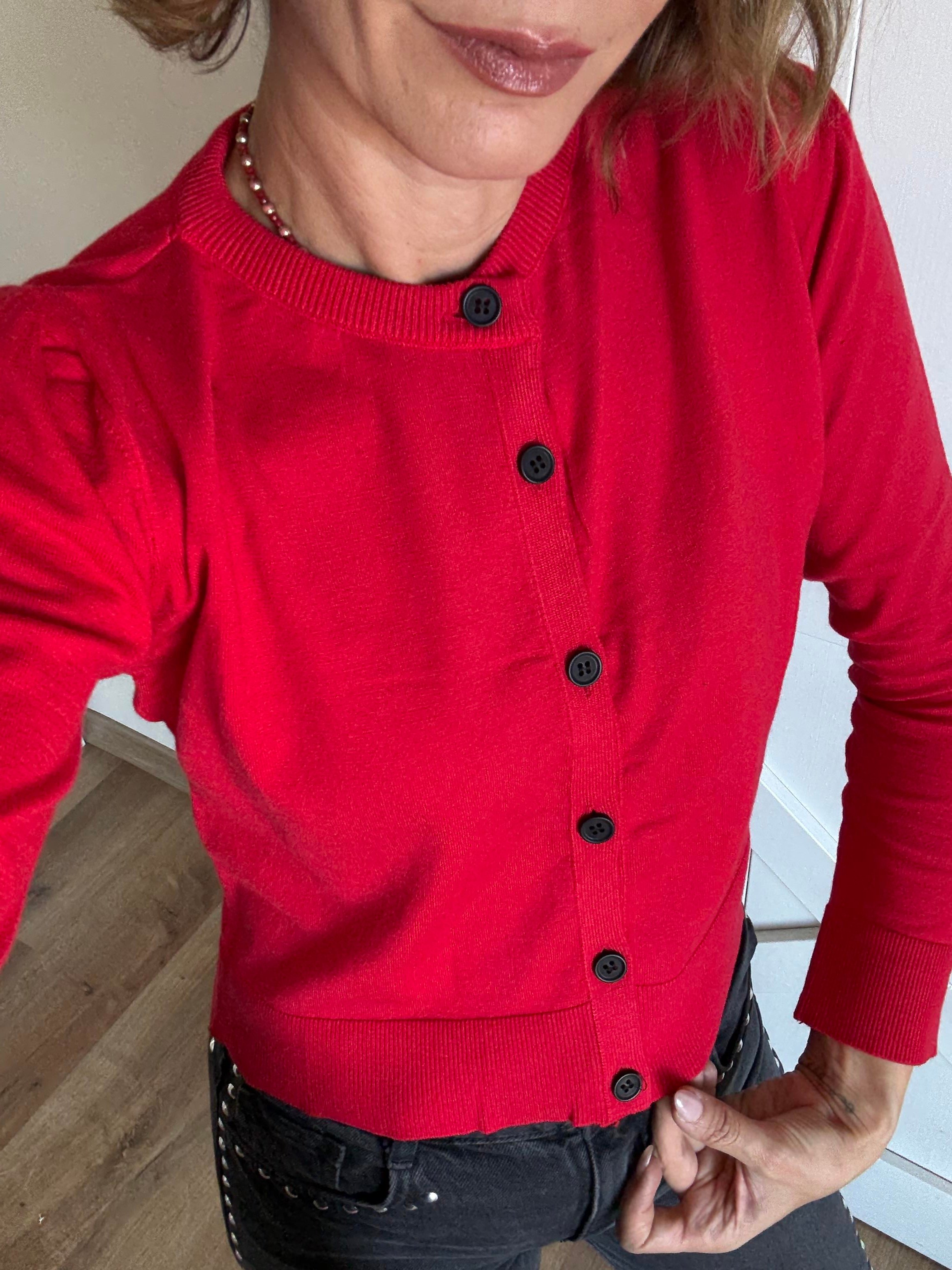 Kırmızı Siyah Düğmeli Hırka