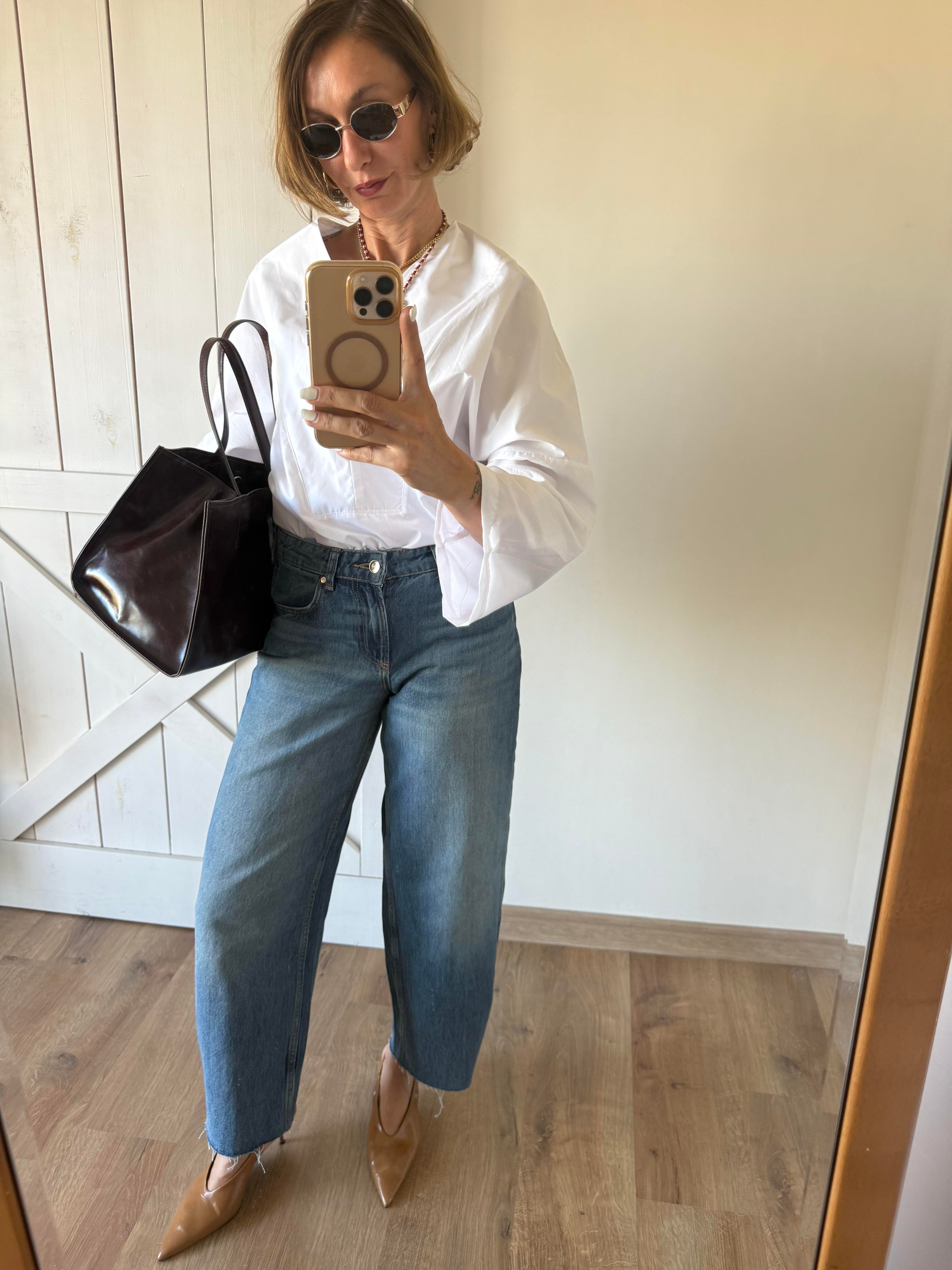 Klasik Jean Rengi Yüksek Bel Paçası Kesik Slouchy Jean Pantolon