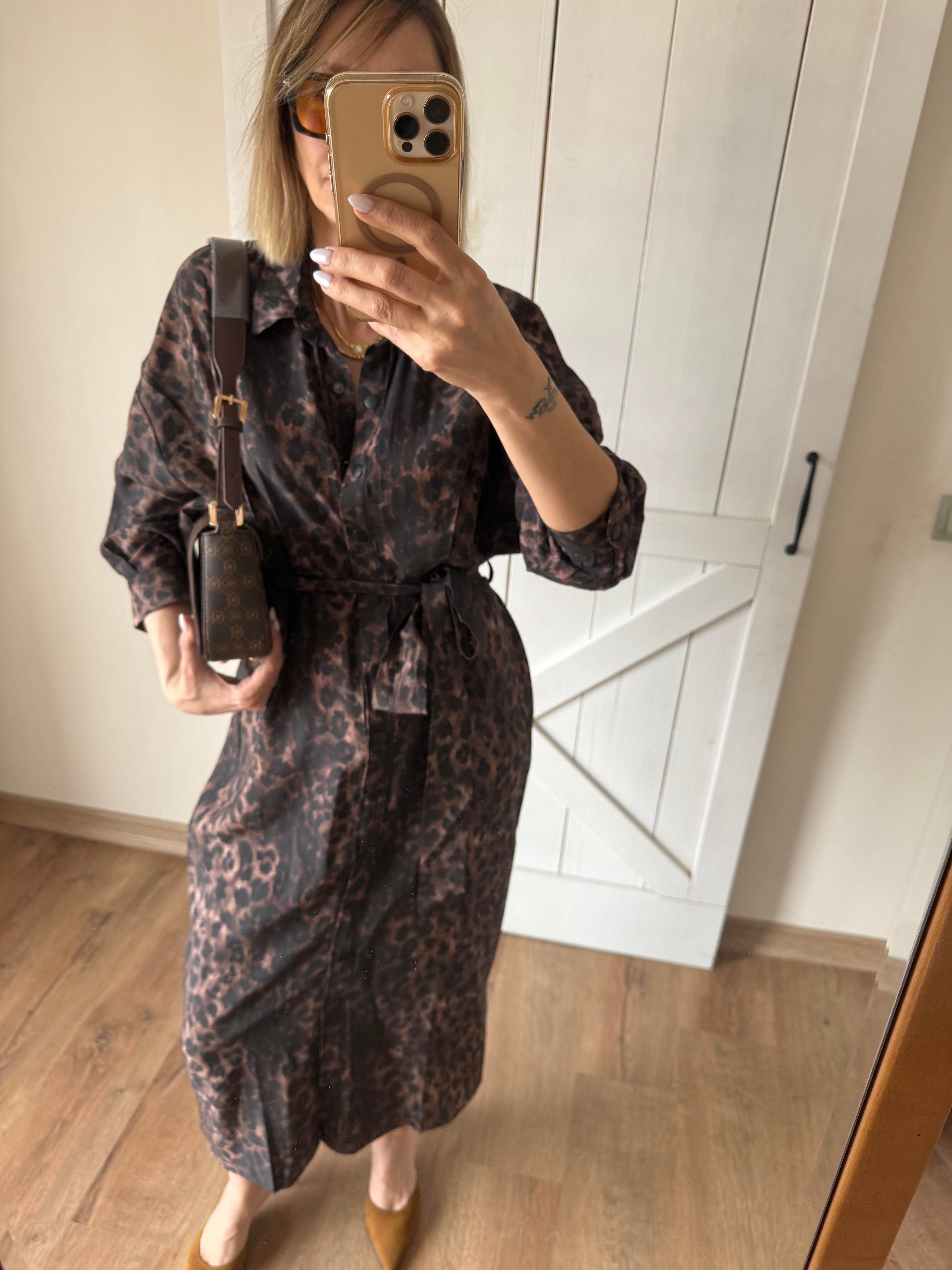 Kuşaklı Leopar Gömlek Elbise