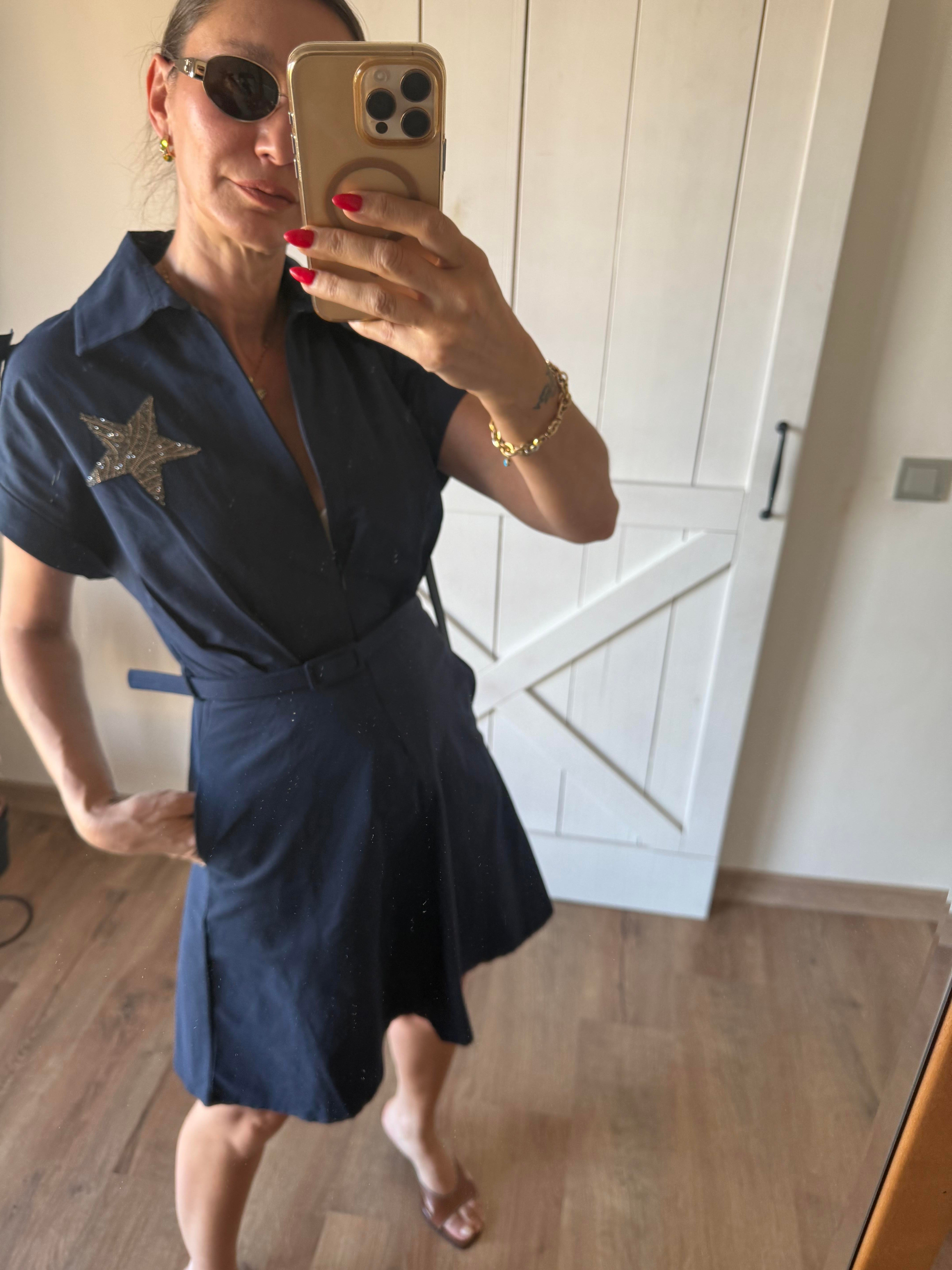 Lacivert Star Kemerli Elbise