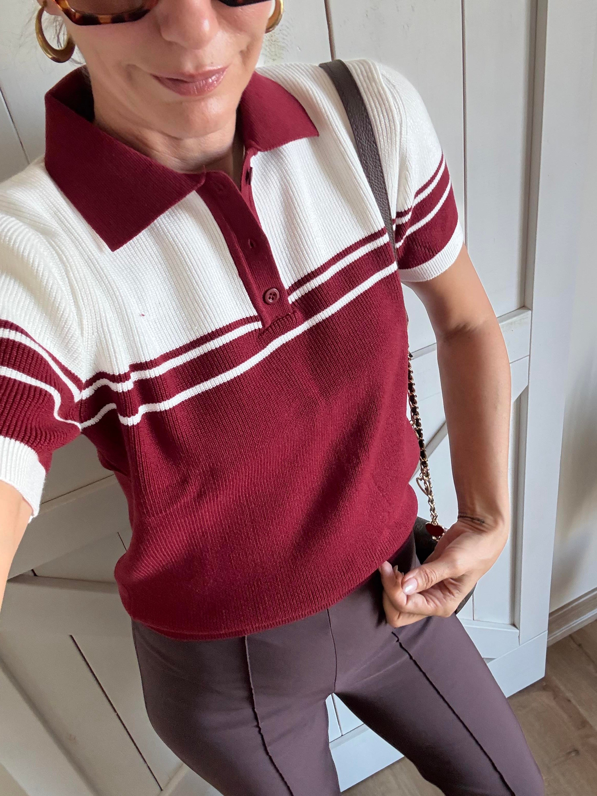 Massi Bordo Beyaz Polo Yaka Triko Bluz