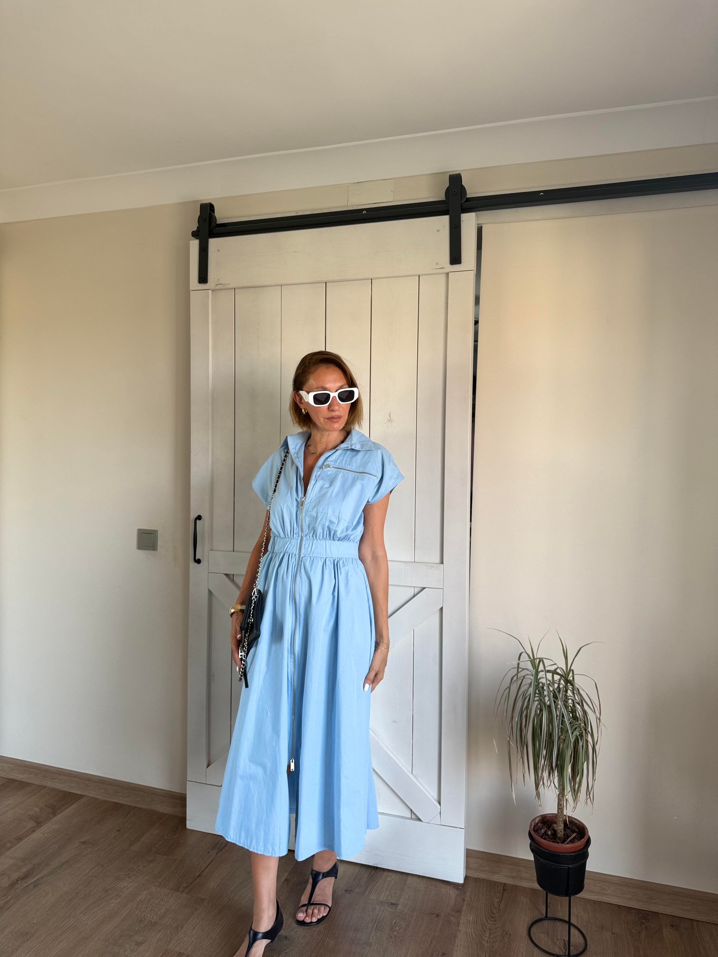 Mavi Önden Fermuarlı Poplin Elbise