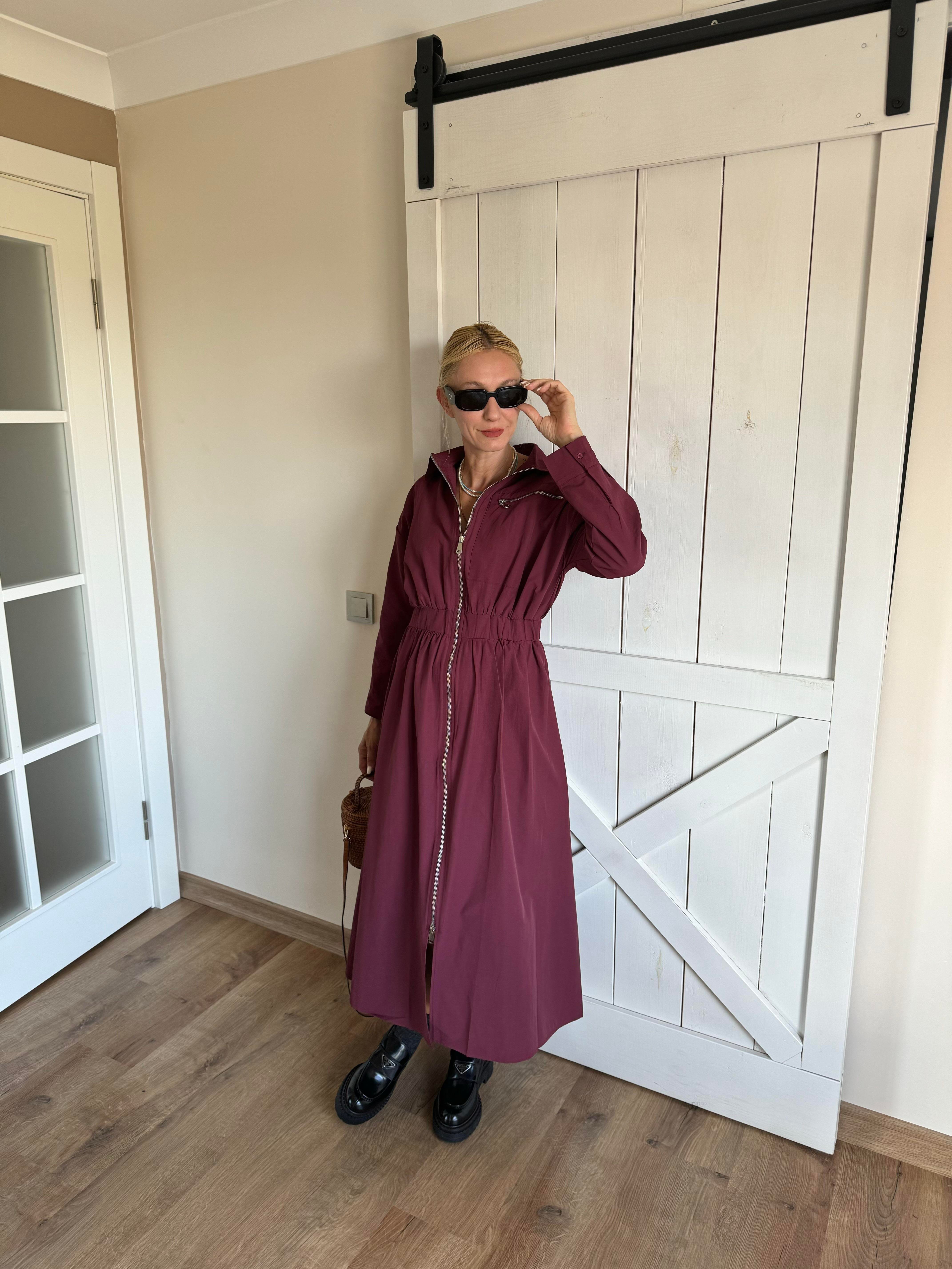 Md Bordo Fermuarlı Poplin Elbise