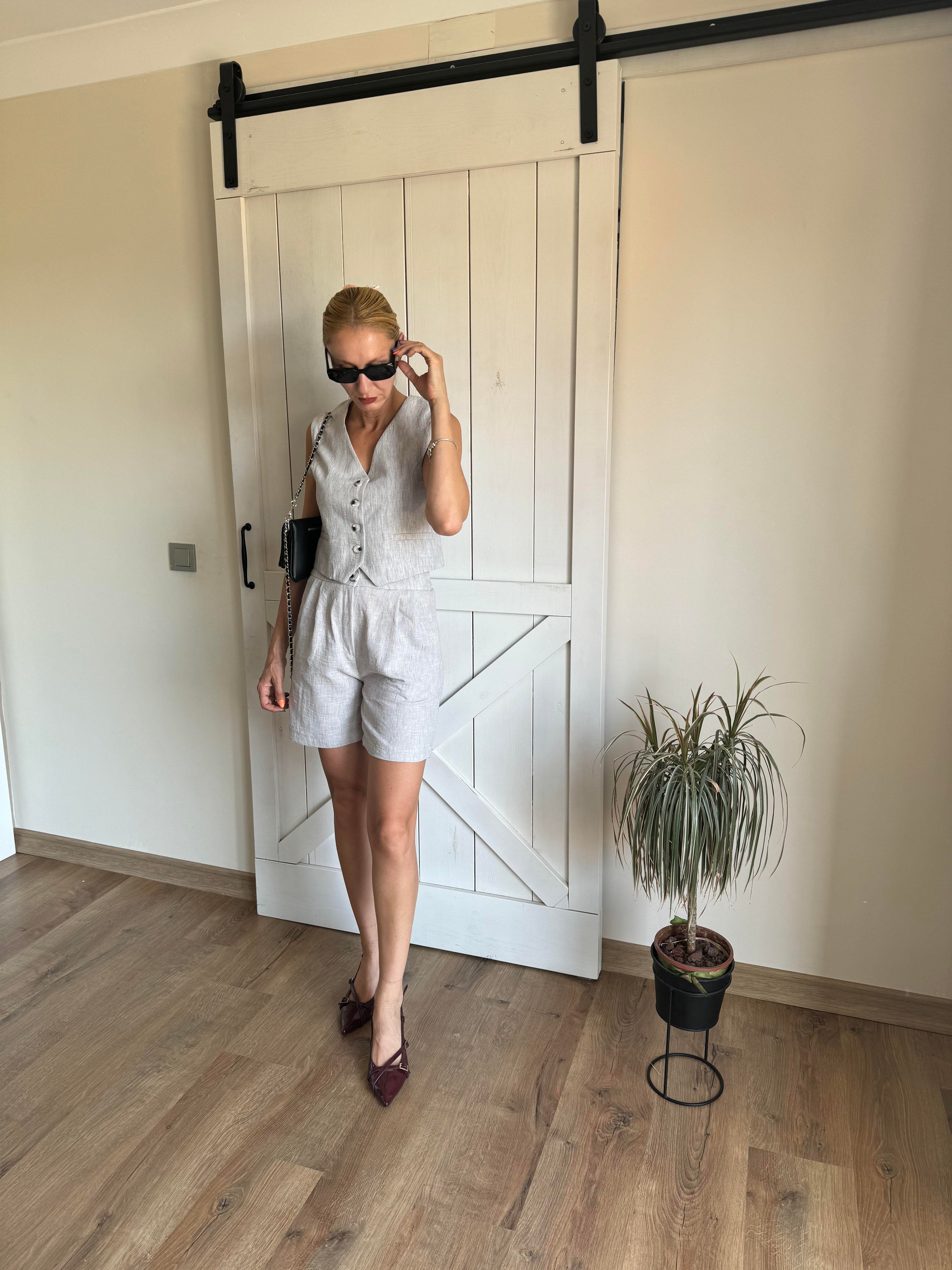 Md Keten Şortlu Takım Açık Gri