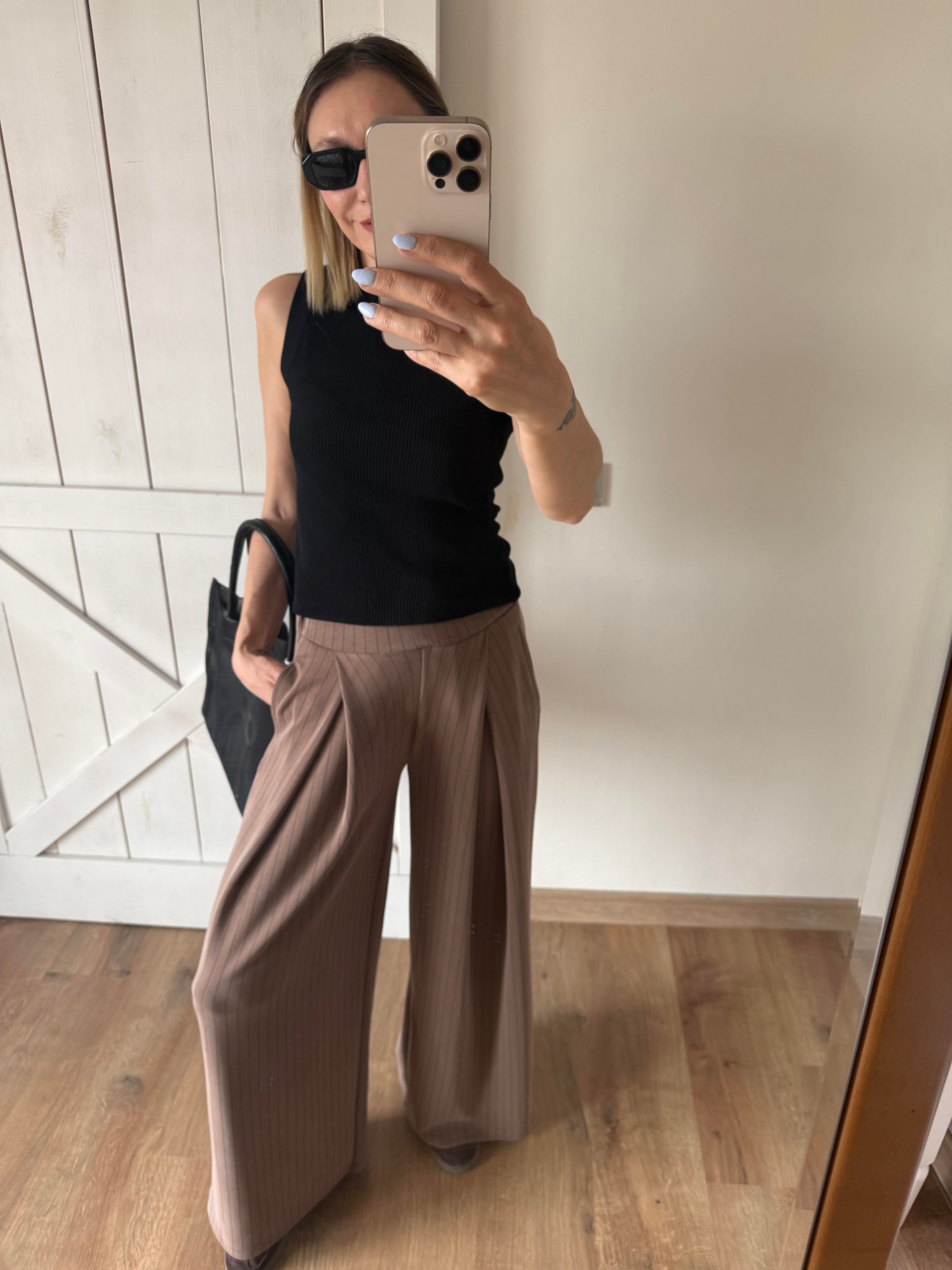 Modal Kumaş Kahve İnce Çizgili Pantolon