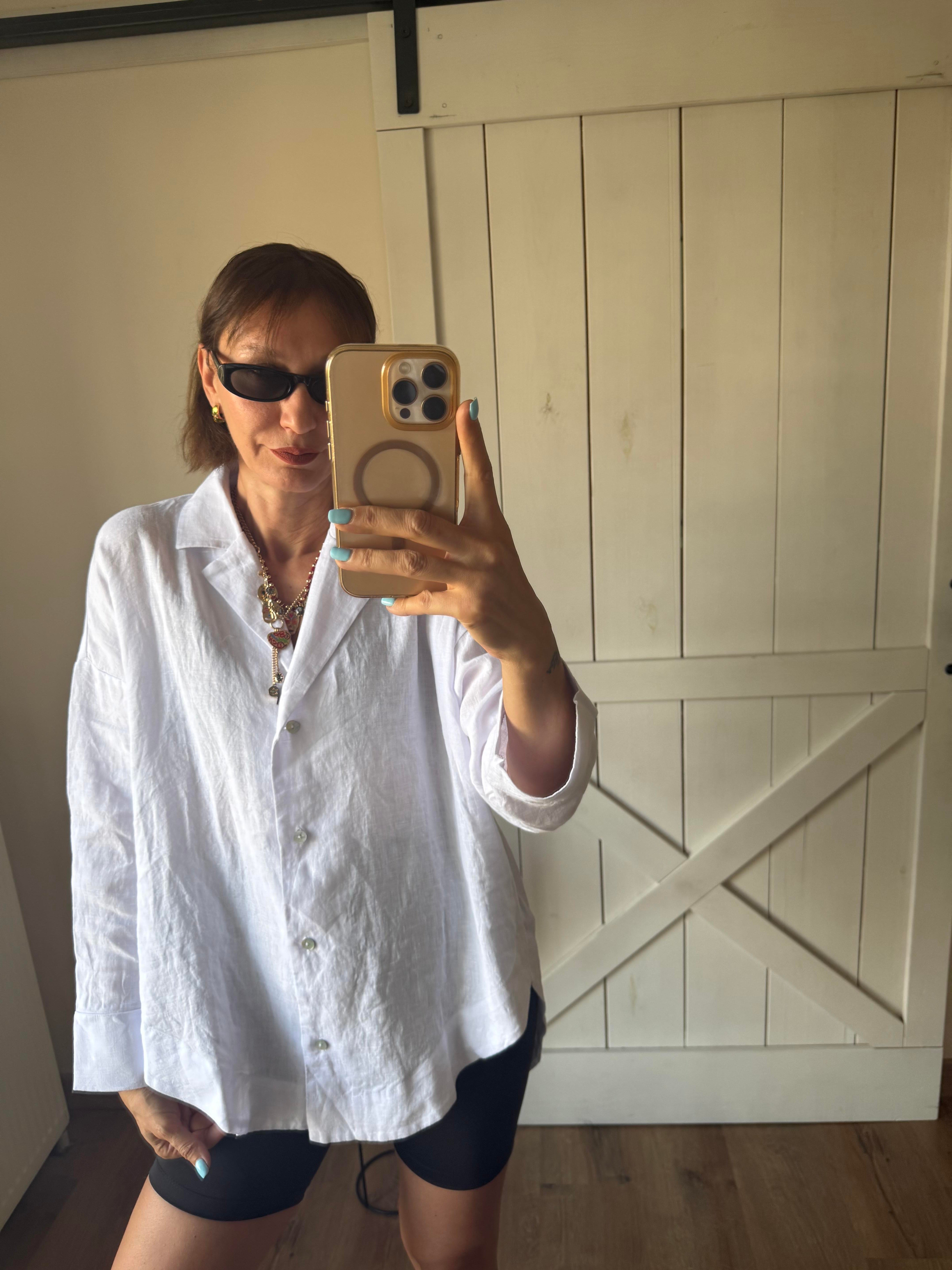 Oversize Kos Beyaz Keten Gömlek