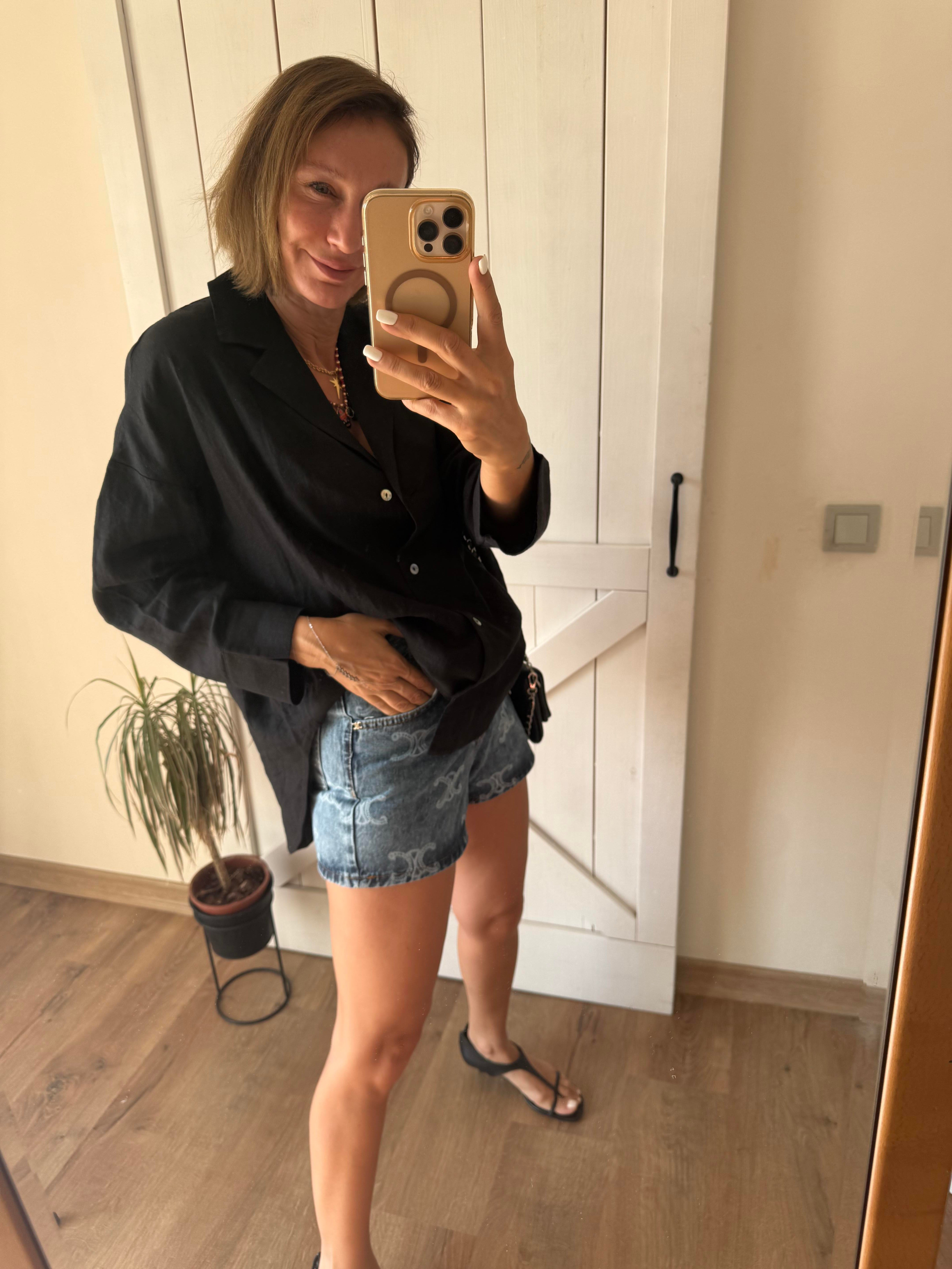 Oversize Kos Siyah Keten Gömlek