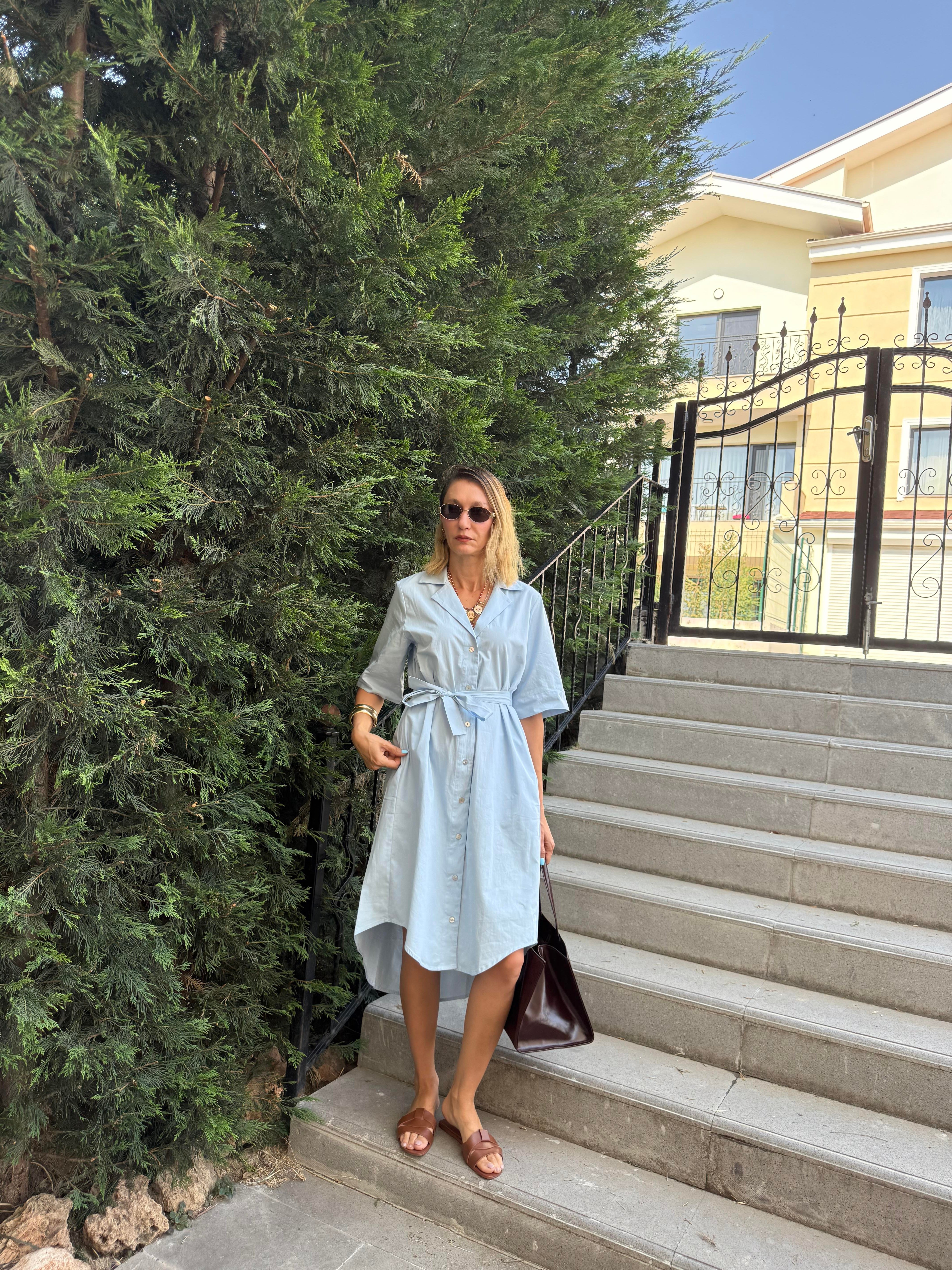 Poplin Bebek Mavi Gömlek Elbise Kos