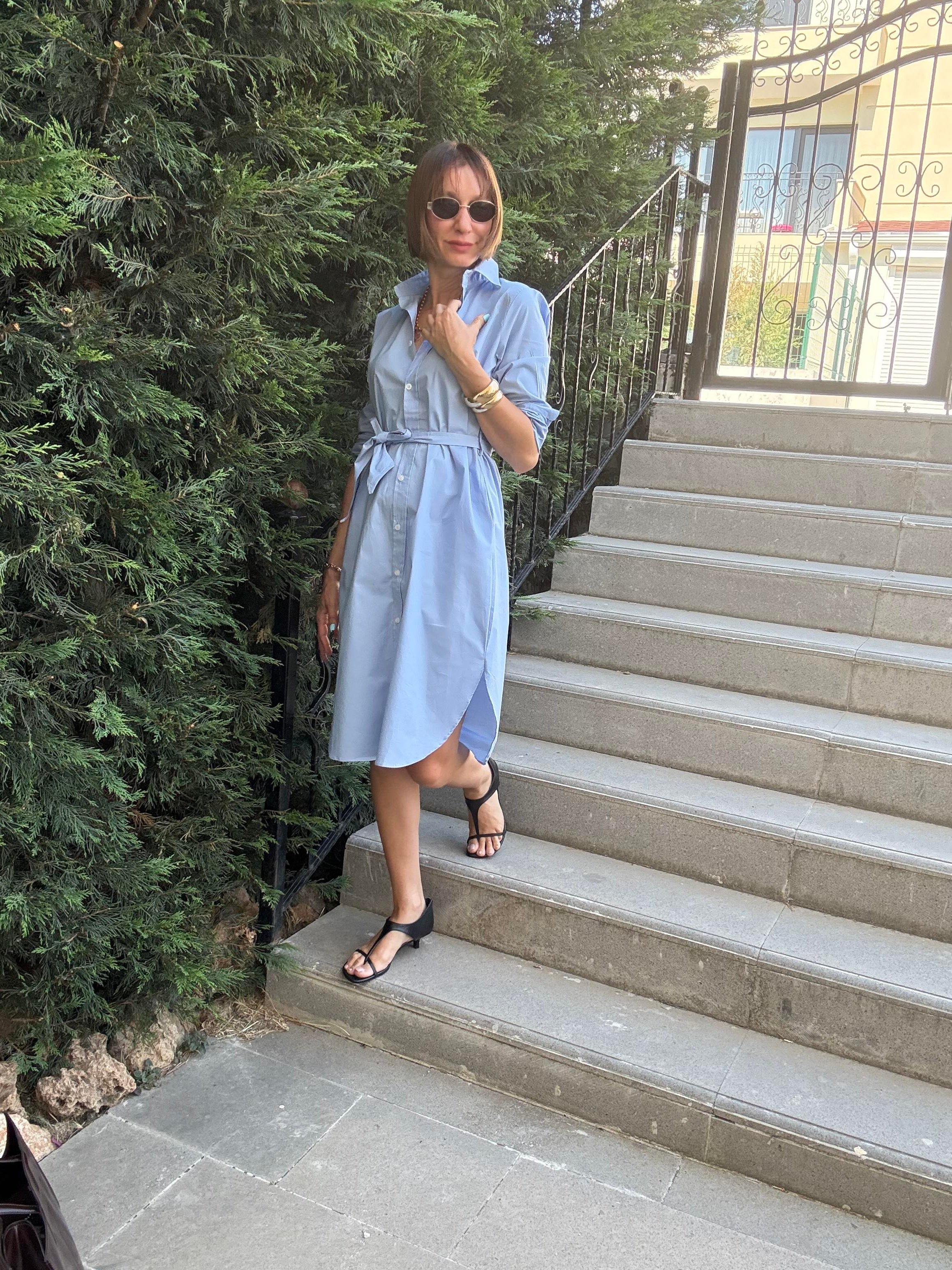 Poplin Mavi Kuşaklı Uzun Kollu Gömlek Elbise